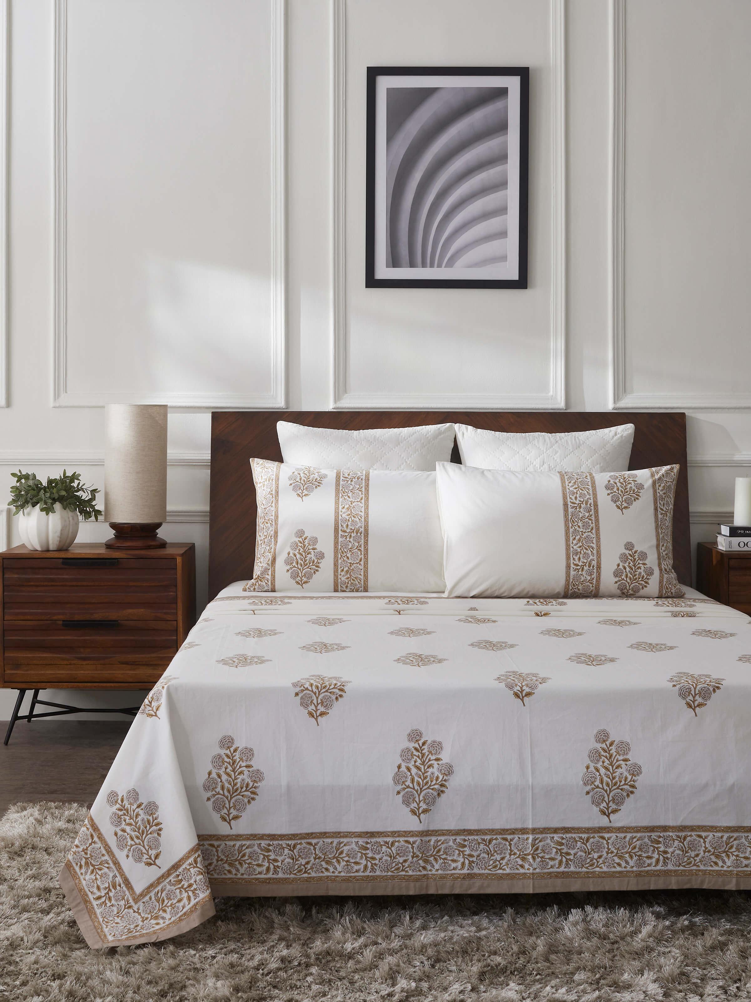 Close-up of the Saha king bedsheet set, emphasizing the Sanganeri block print and brown buta design.