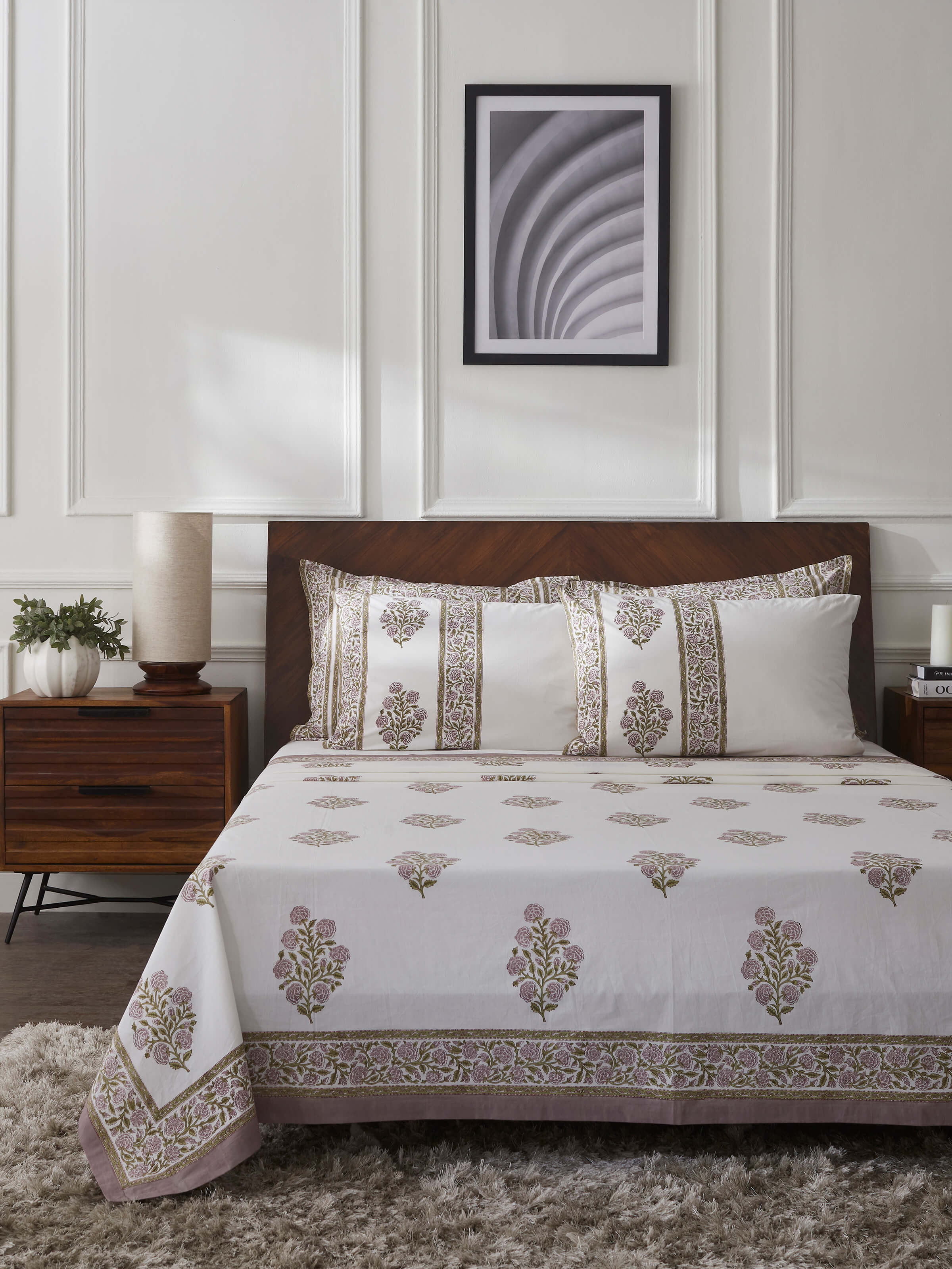 Close-up view of the lavender buta cotton Sanganeri block printed queen bedsheet set showing the detailed block print and texture