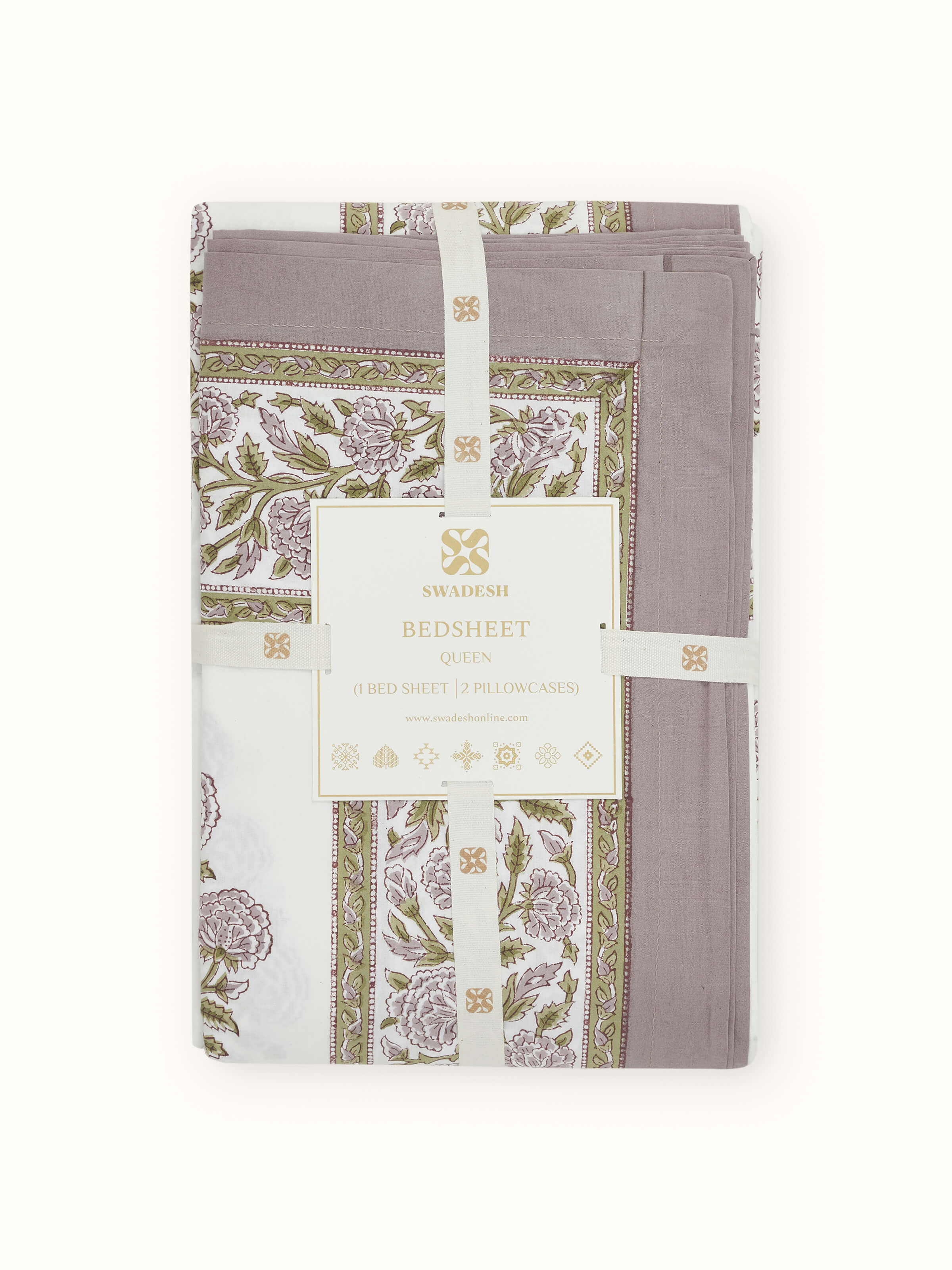 Full view of the lavender buta cotton Sanganeri block printed queen bedsheet set, showcasing its elegant design and overall look