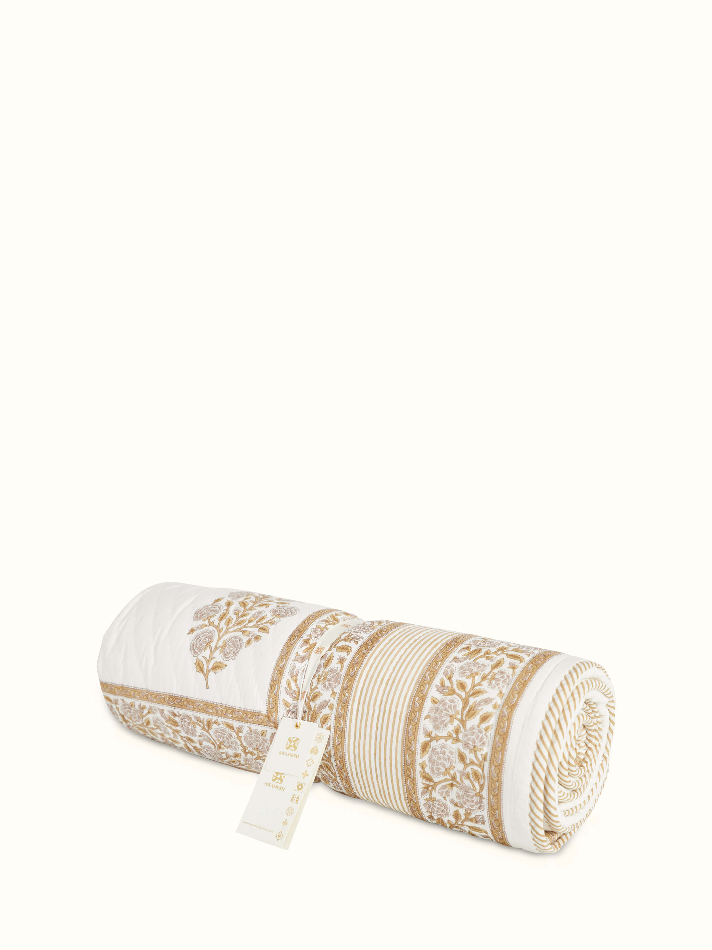 Close-up of Saha brown buta cotton Sanganeri block printed single quilt focusing on the intricate block print details.