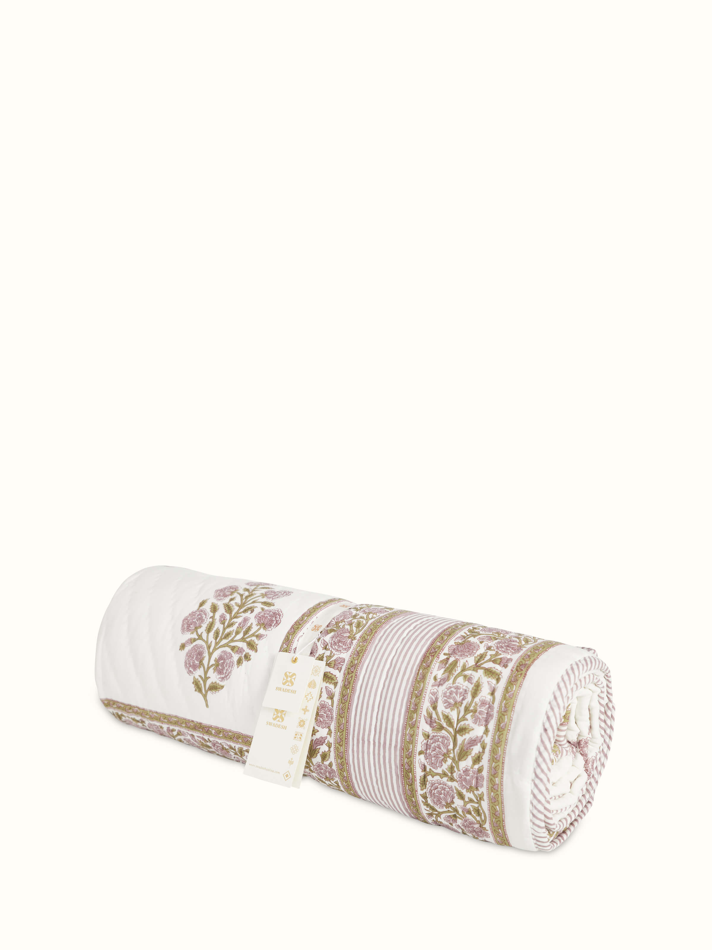 Detailed view of Saha Lavender Buta Cotton Sanganeri Block Printed Single Quilt, showcasing the intricate block print and lavender color.