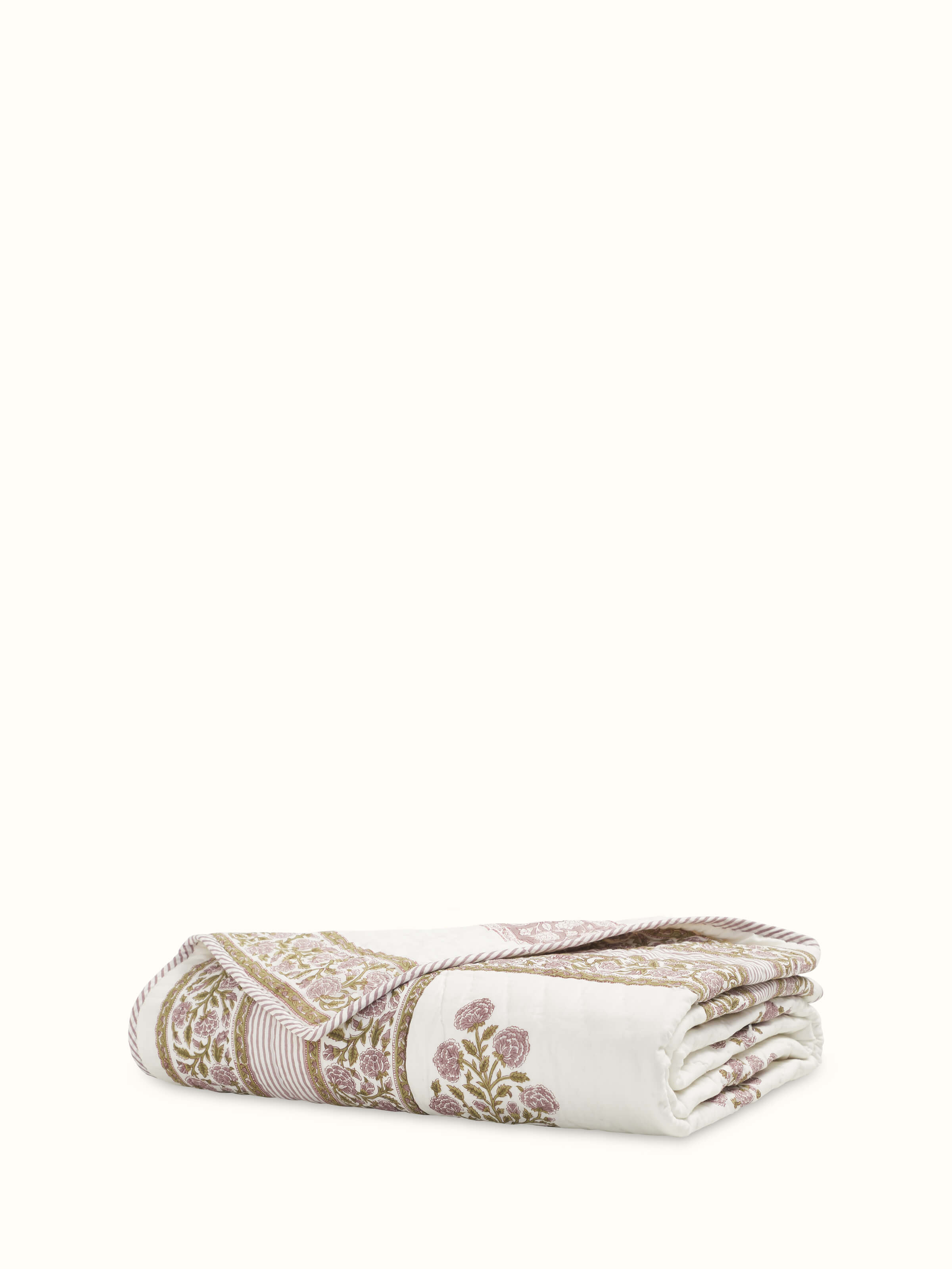 Full view of Saha Lavender Buta Cotton Sanganeri Block Printed Single Quilt, featuring a lavender buta design and block printing.