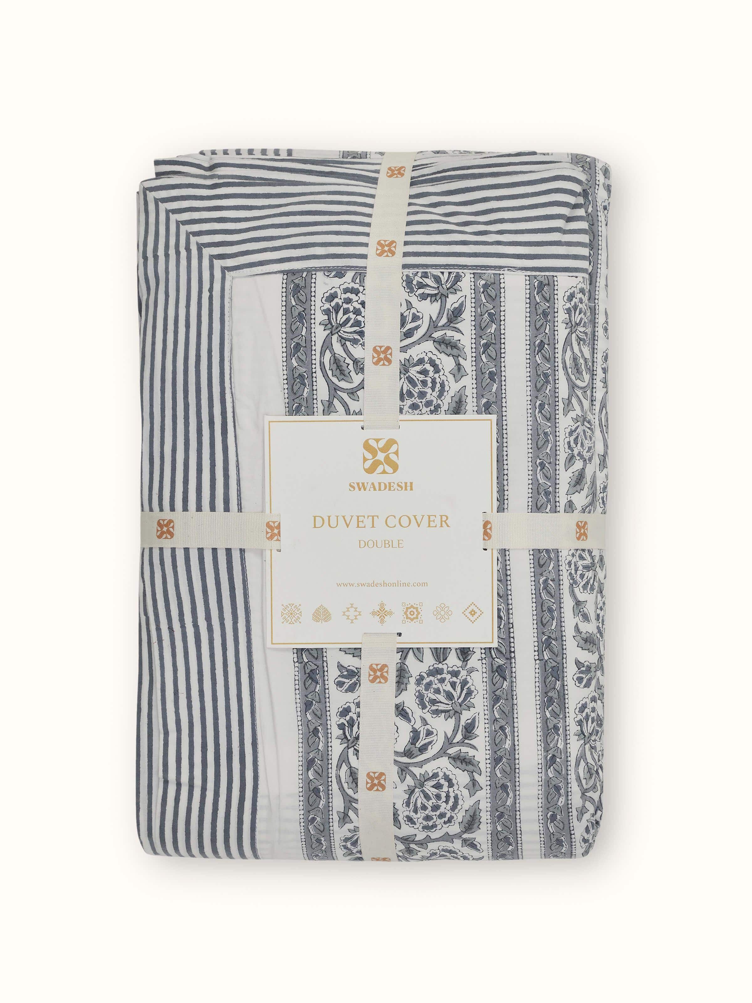 Close-up of Saha grey buta stripe cotton Sanganeri block printed queen duvet cover, emphasizing the quality of the block printing and cotton fabric.