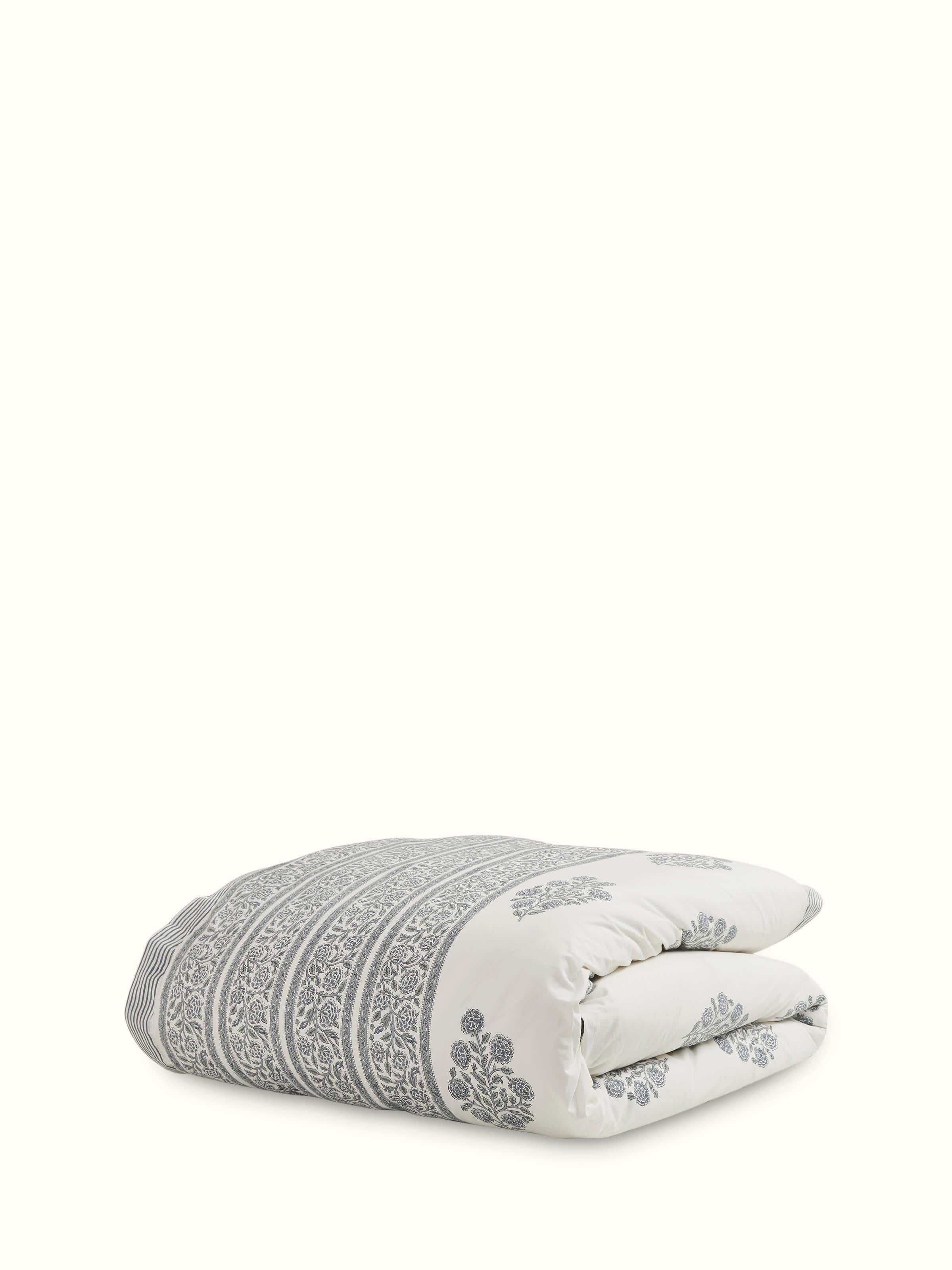 Detailed view of Saha grey buta stripe cotton Sanganeri block printed queen duvet cover, focusing on the intricate block print patterns and stripes.