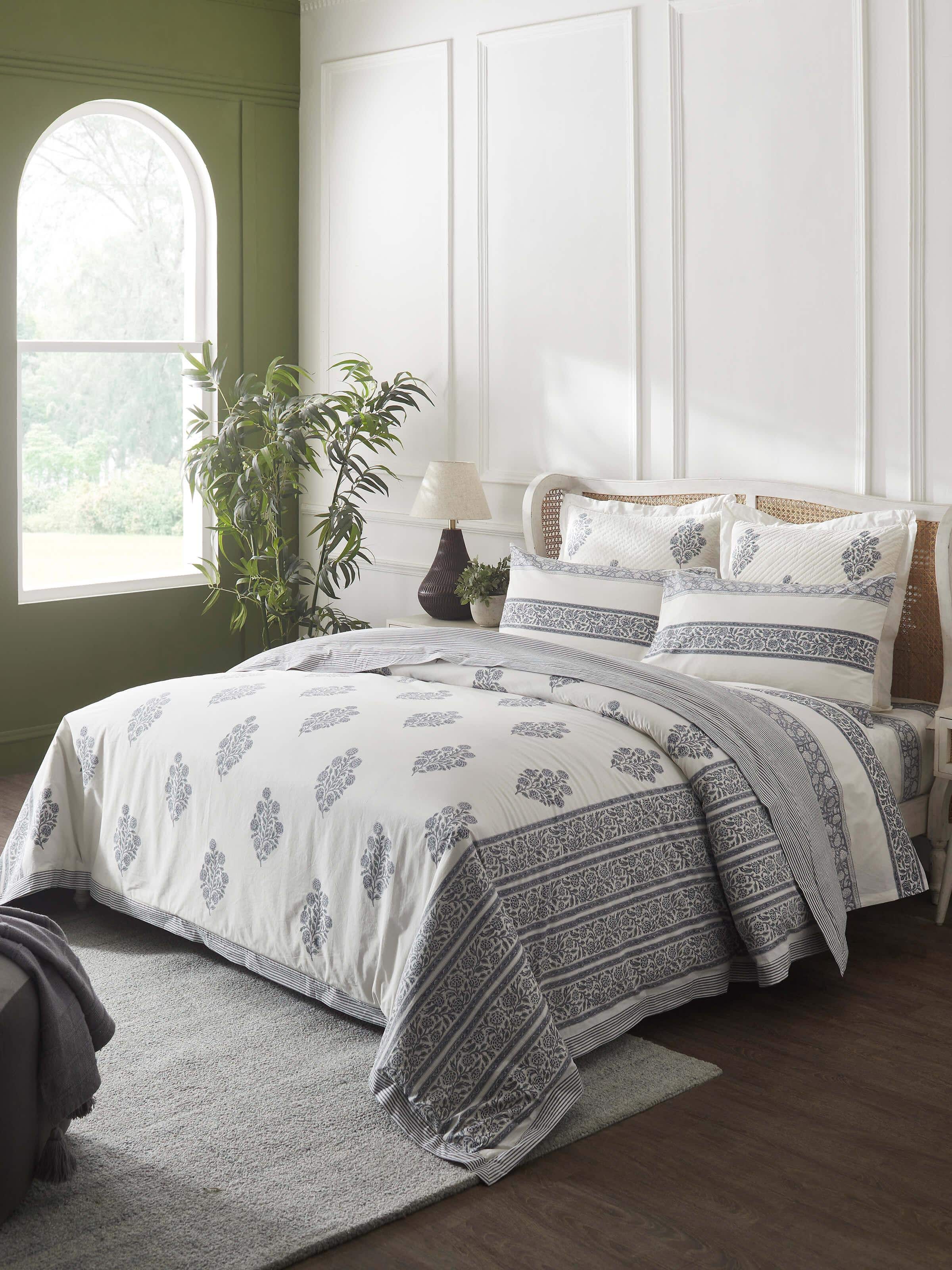 Close-up of Saha grey buta stripe cotton Sanganeri block printed queen duvet cover, highlighting the detailed block printing and fabric texture.