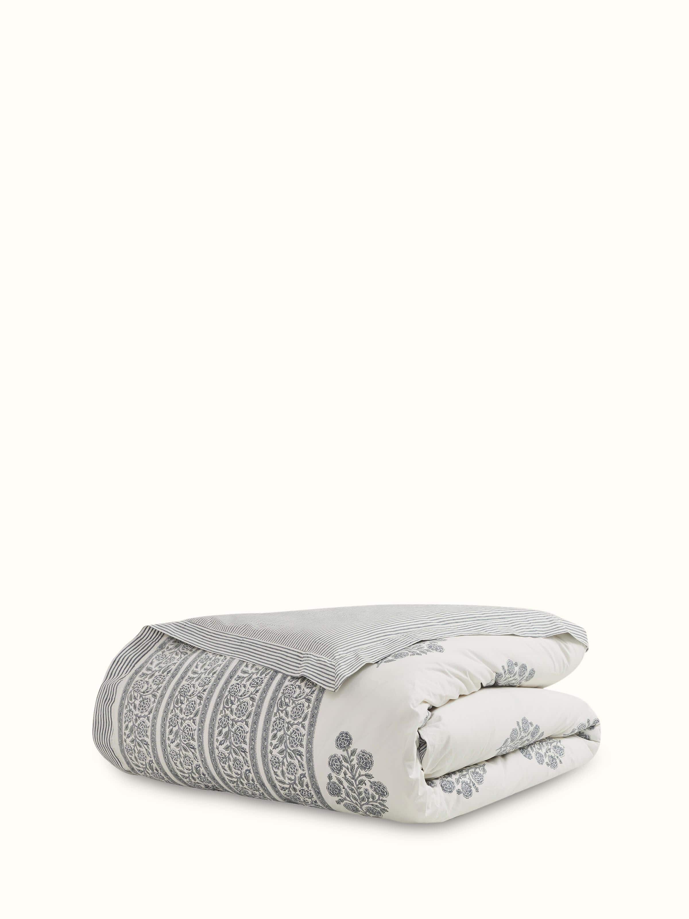 Full view of Saha grey buta stripe cotton Sanganeri block printed queen duvet cover, showcasing its grey stripe pattern and block print design.