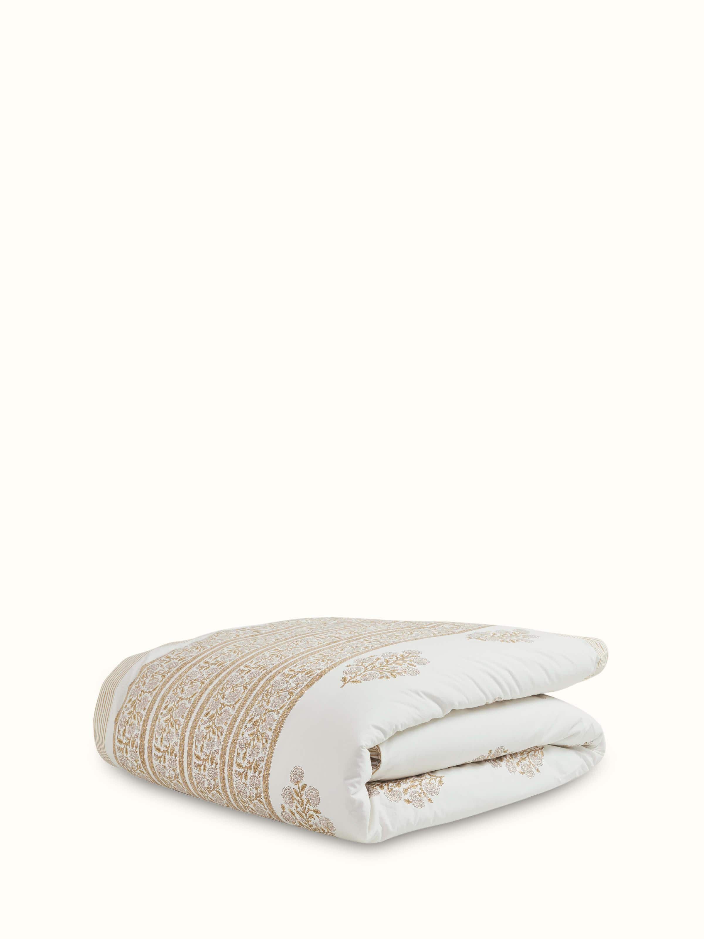 Angled view of Saha brown buta stripe cotton Sanganeri block printed queen duvet cover, showing the full pattern and design layout