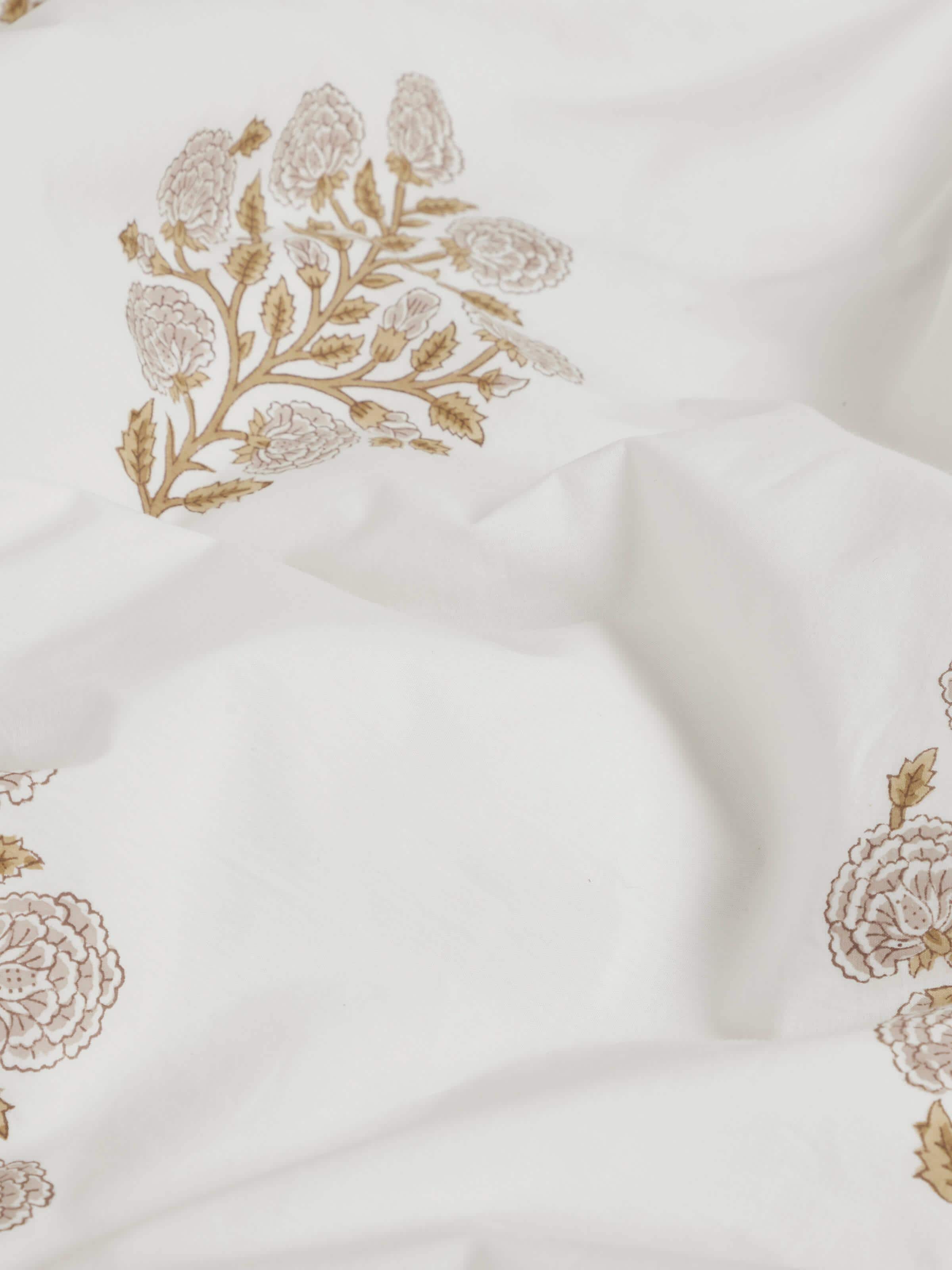 Side view of Saha brown buta stripe cotton Sanganeri block printed queen duvet cover, demonstrating how it fits over a queen-sized bed