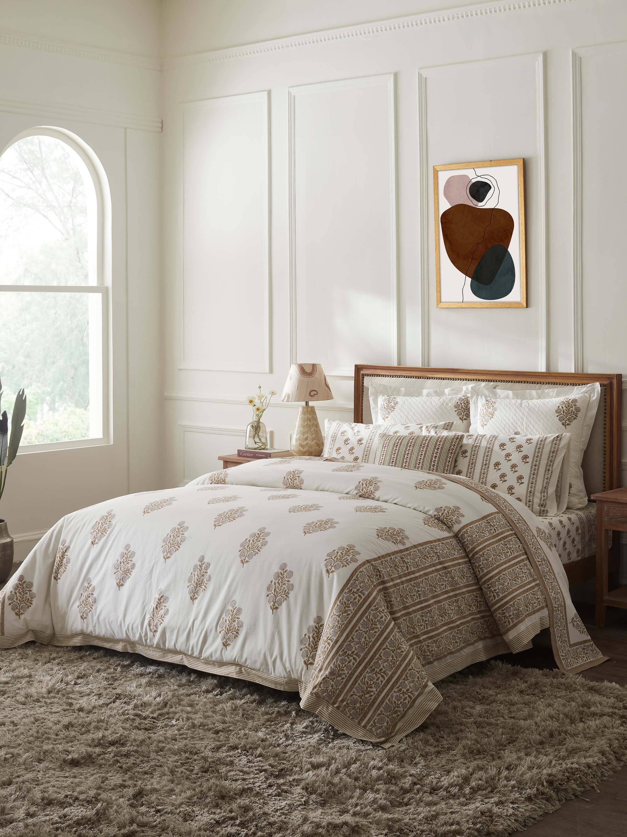 Close-up of Saha brown buta stripe cotton Sanganeri block printed queen duvet cover, highlighting the block print details and fabric texture