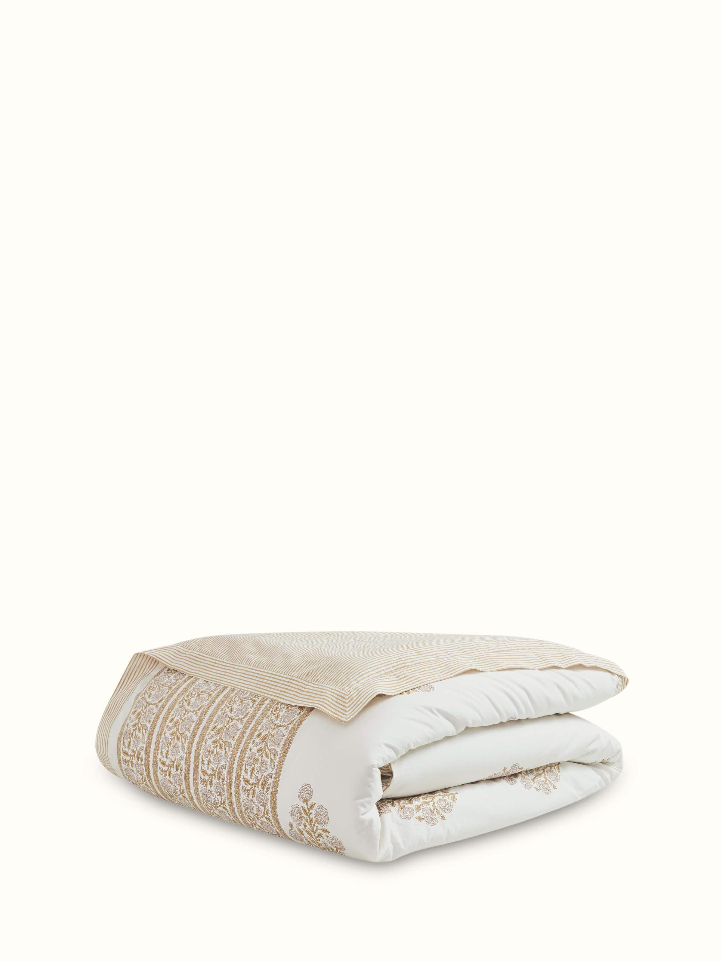 Front view of Saha brown buta stripe cotton Sanganeri block printed queen duvet cover, showcasing the intricate brown buta and stripe design