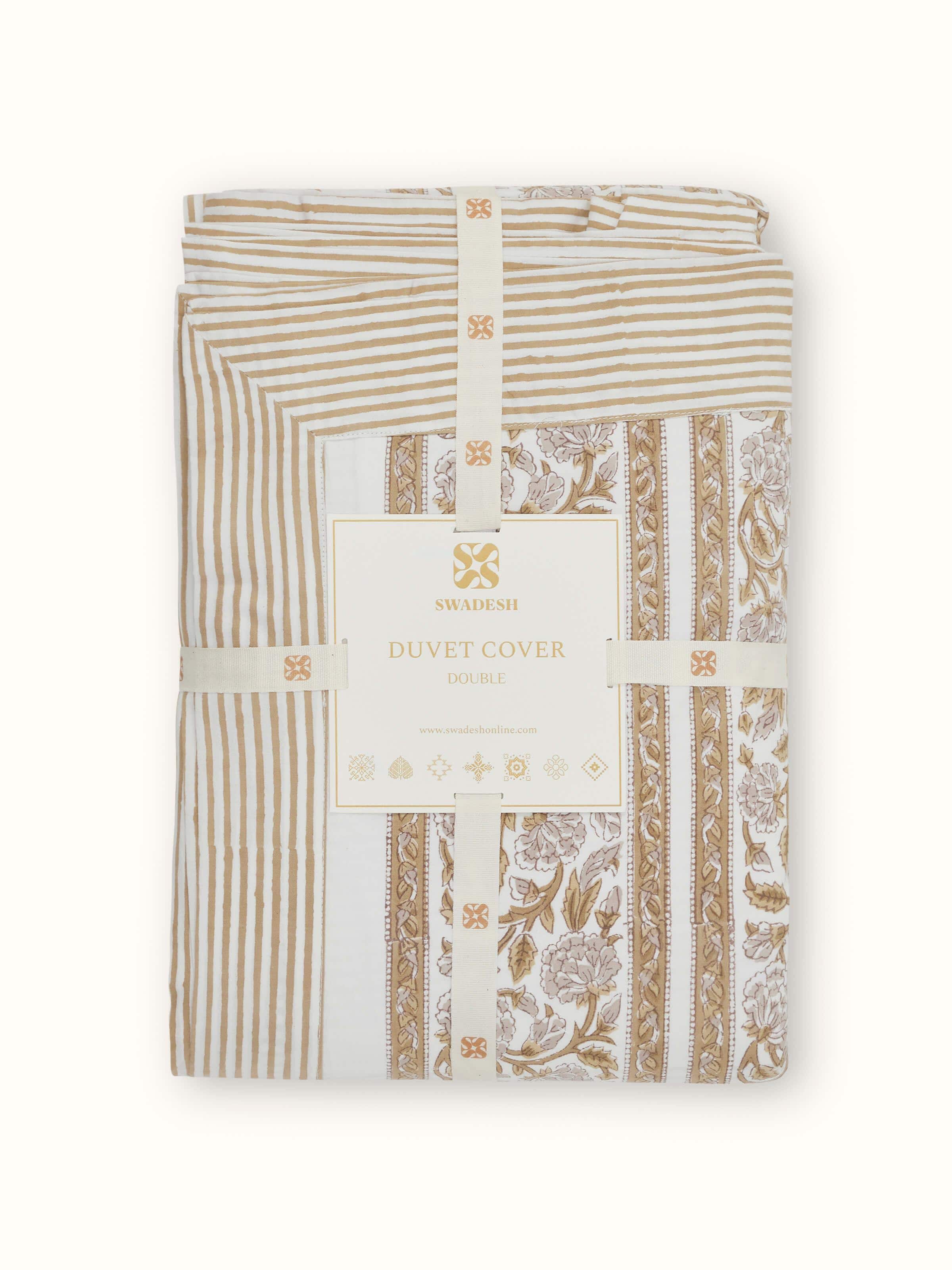 Detailed view of the fabric and block print design on Saha brown buta stripe cotton Sanganeri queen duvet cover, showcasing the craftsmanship