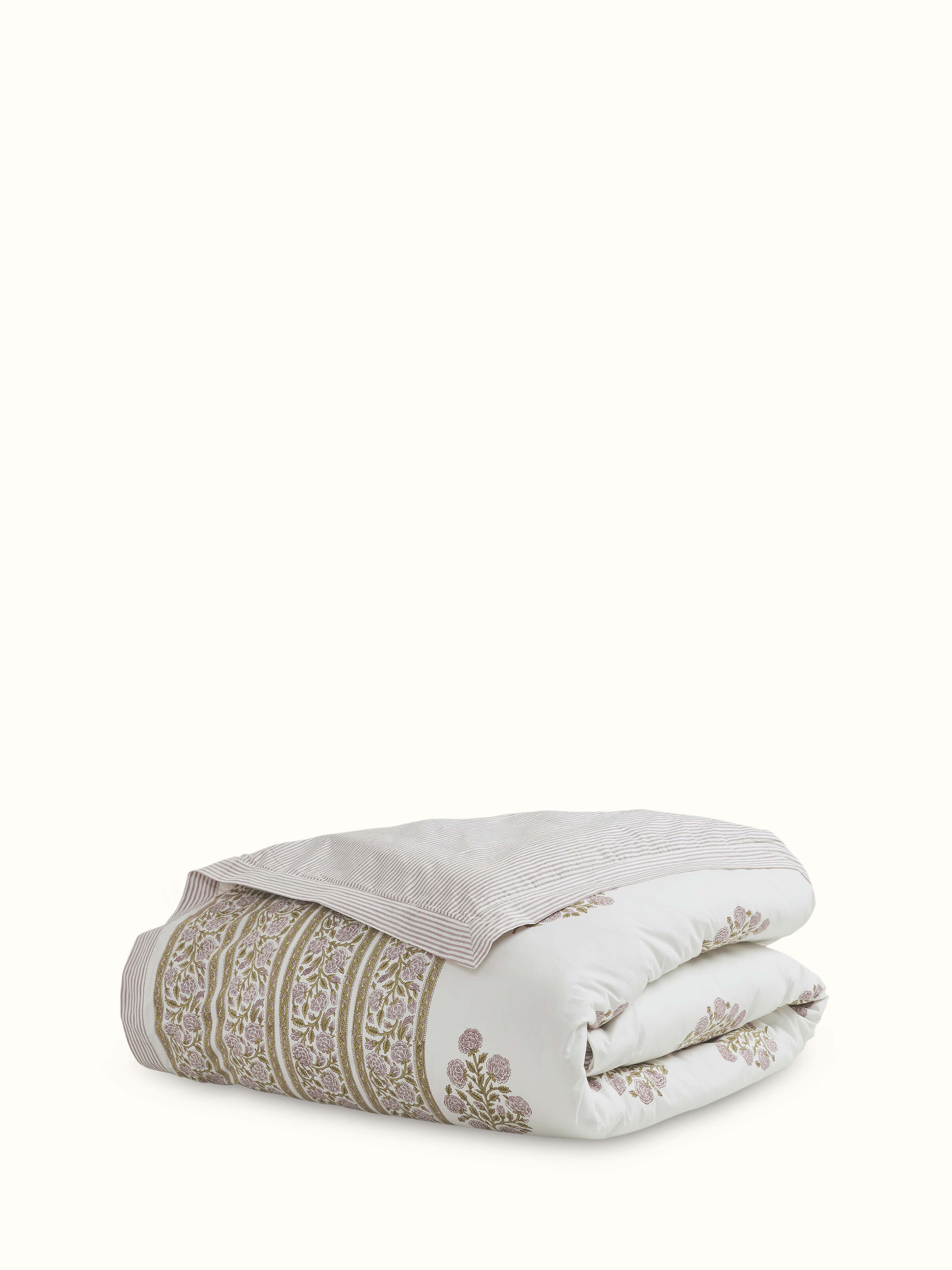 Full view of Saha Lavender Buta Stripe Cotton Sanganeri Block Printed Queen Duvet Cover, showcasing its delicate lavender buta design.