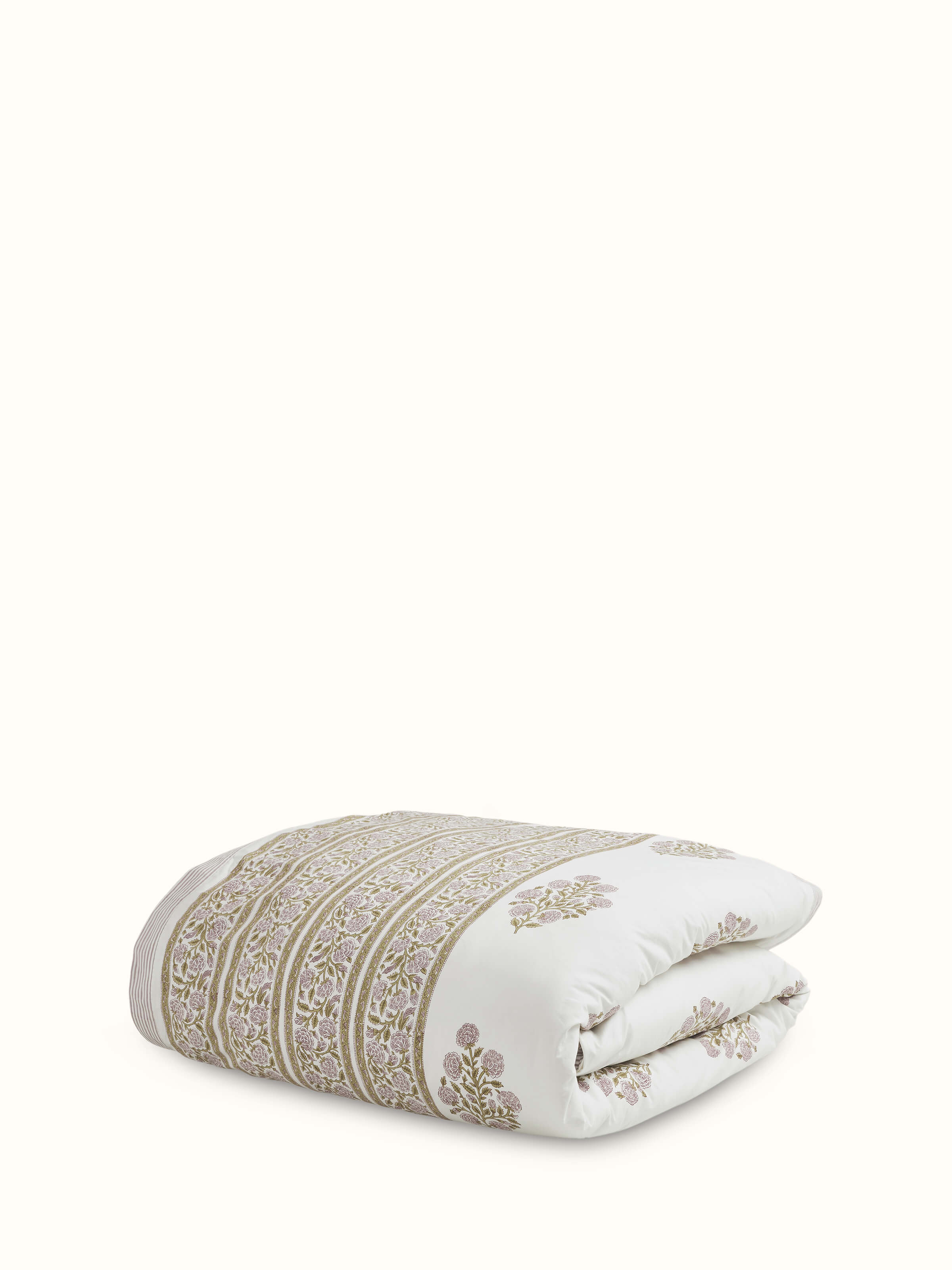 Detailed view of Saha Lavender Buta Stripe Cotton Sanganeri Block Printed Queen Duvet Cover, focusing on the softness and print design.