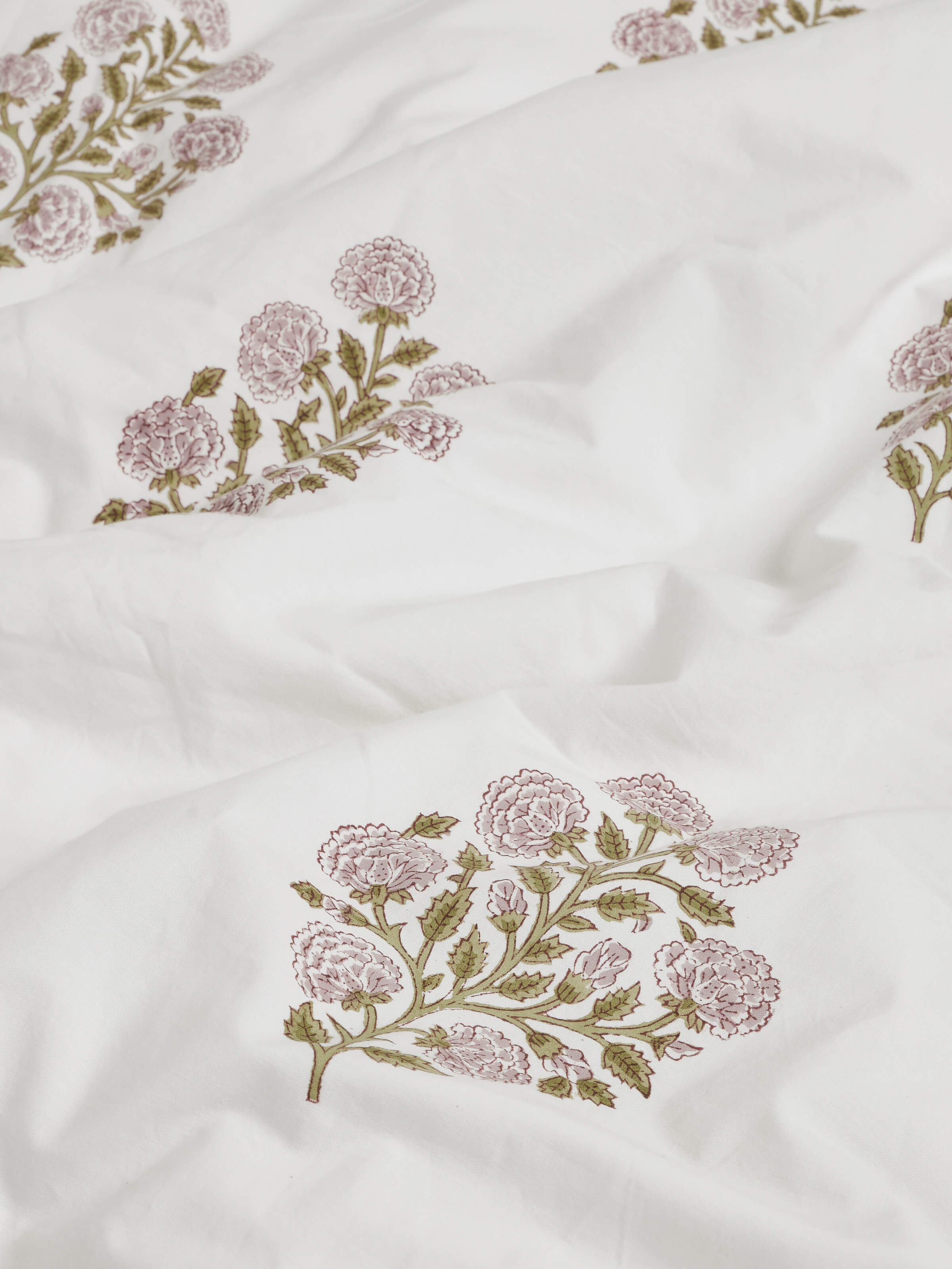 Angled view of Saha Lavender Buta Stripe Cotton Sanganeri Block Printed Queen Duvet Cover, showing the duvet cover in a styled setting.