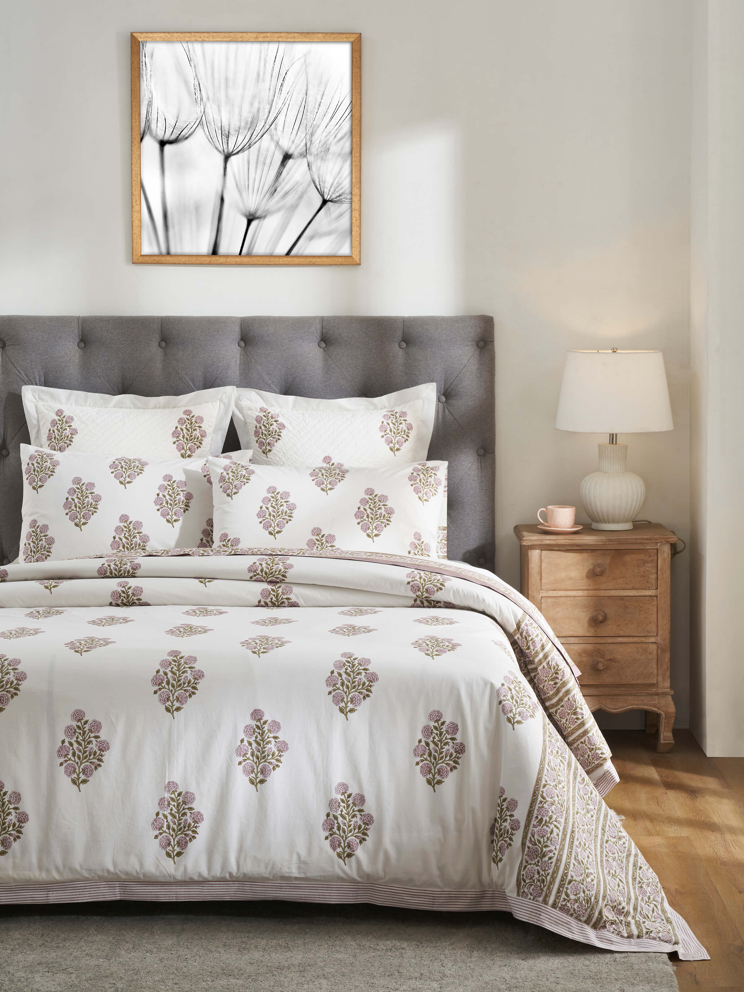 Close-up of Saha Lavender Buta Stripe Cotton Sanganeri Block Printed Queen Duvet Cover, highlighting the intricate block print and stripes.