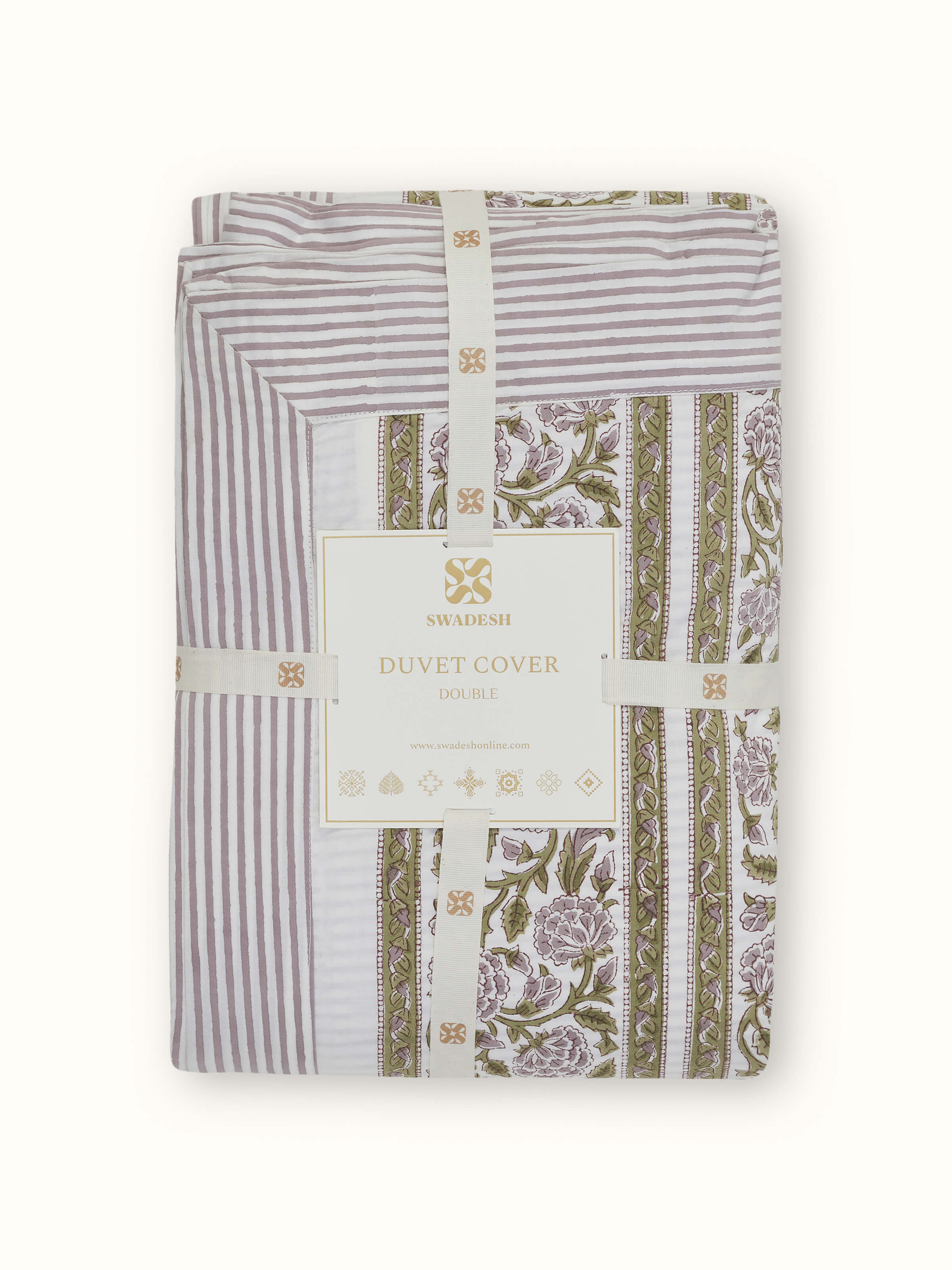 Full shot of Saha Lavender Buta Stripe Cotton Sanganeri Block Printed Queen Duvet Cover, displaying its complete design and lavender hues.