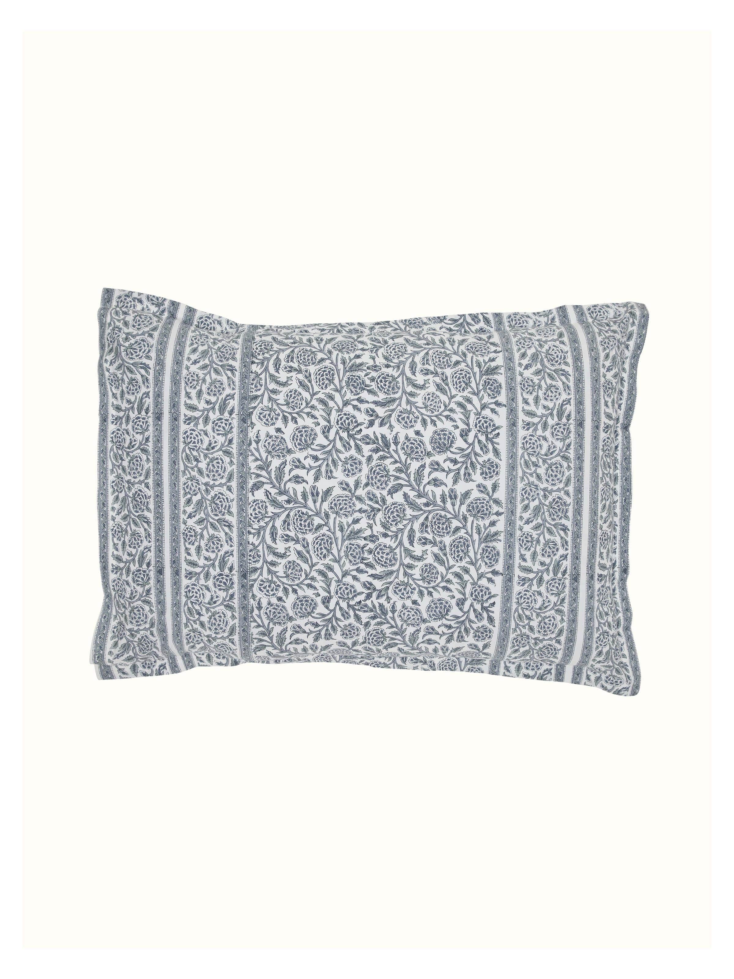 Close-up view of Saha grey floral jaal cotton Sanganeri block printed pillow shams highlighting intricate jaal design.