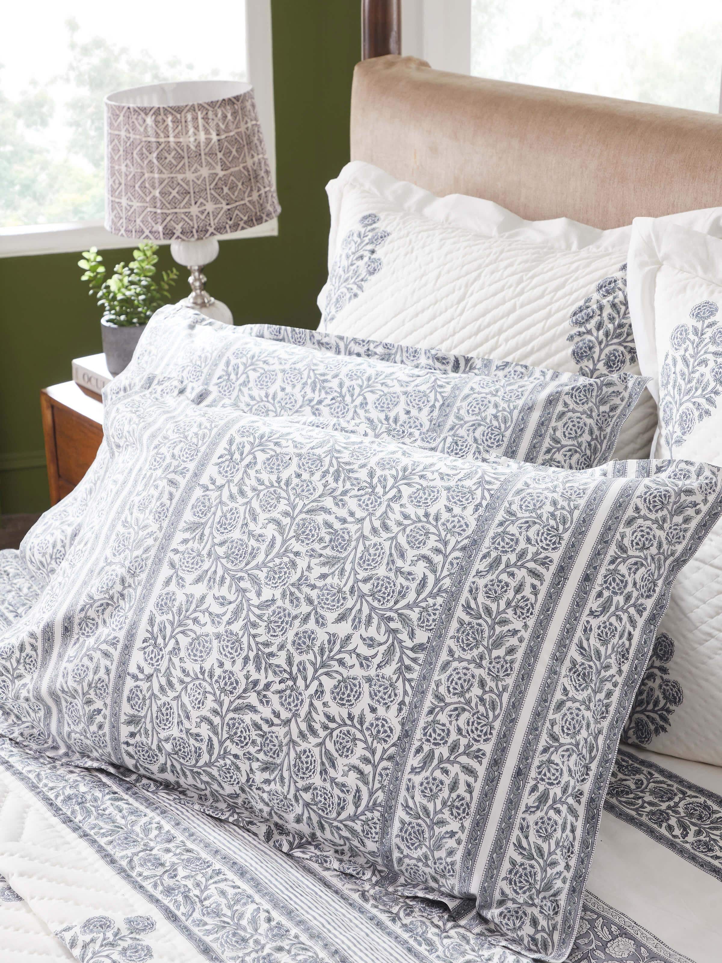 Side view of Saha grey floral jaal cotton Sanganeri block printed pillow shams featuring detailed floral block print.
