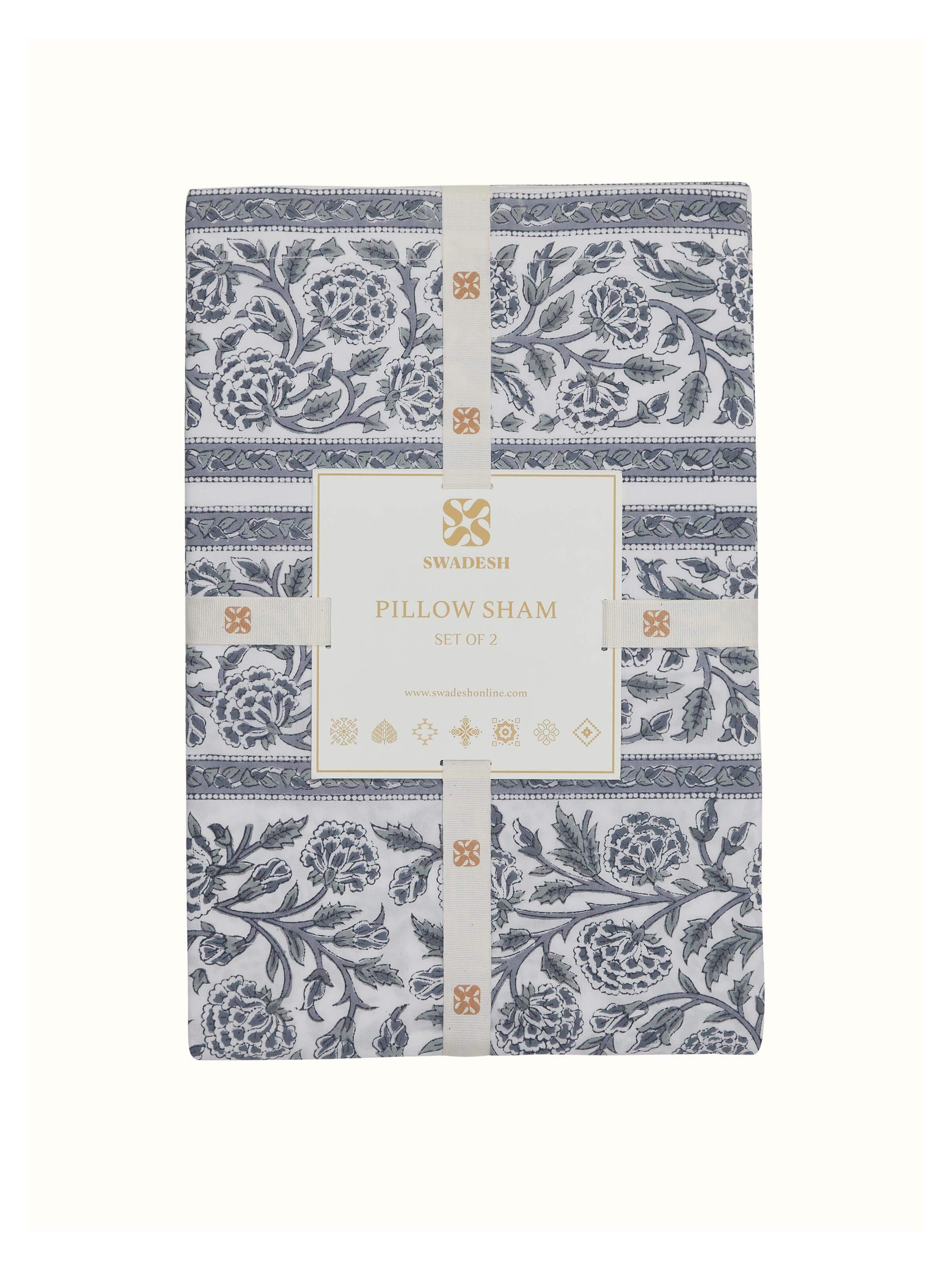 Detailed view of Saha grey floral jaal cotton Sanganeri block printed pillow shams with delicate jaal print.