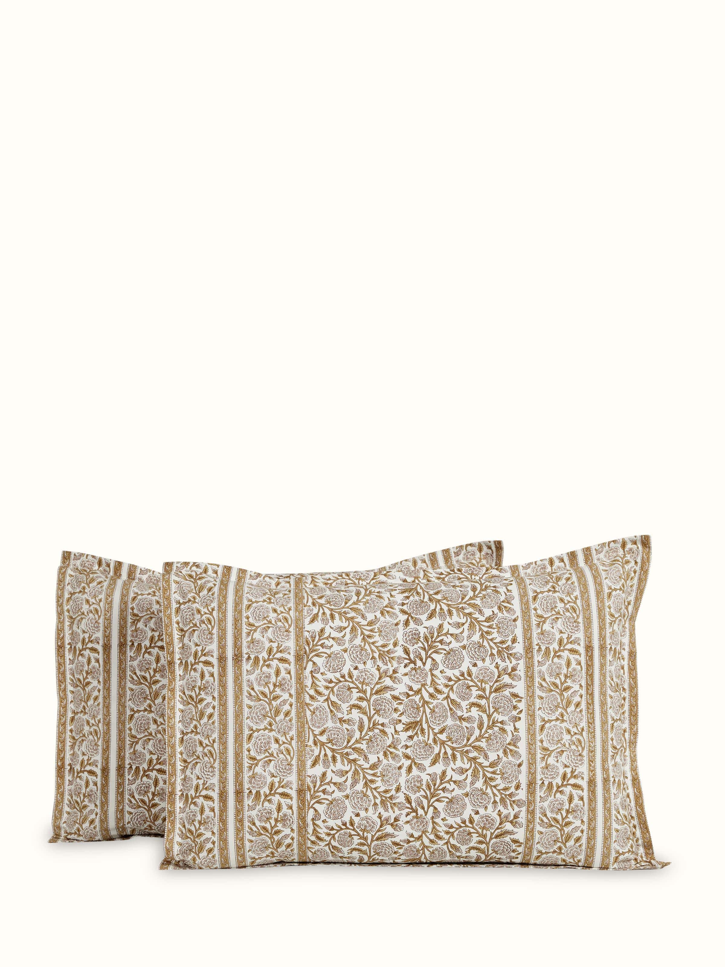 Full view of Saha brown jaal cotton Sanganeri block printed pillow shams (2 pcs), featuring a brown jaal pattern and block print design.