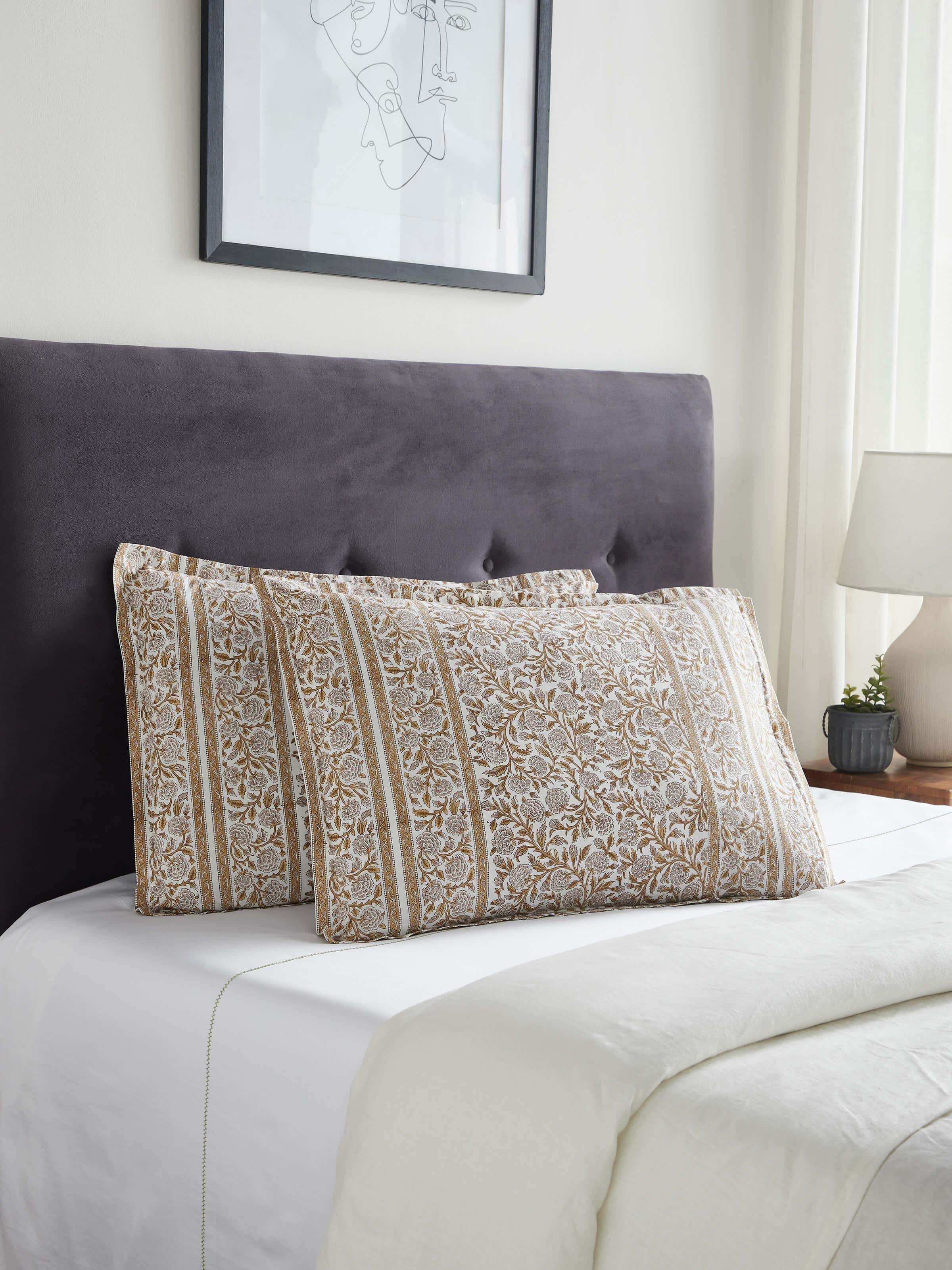 Close-up of Saha brown jaal cotton Sanganeri block printed pillow shams (2 pcs), highlighting the jaal print and cotton fabric texture.