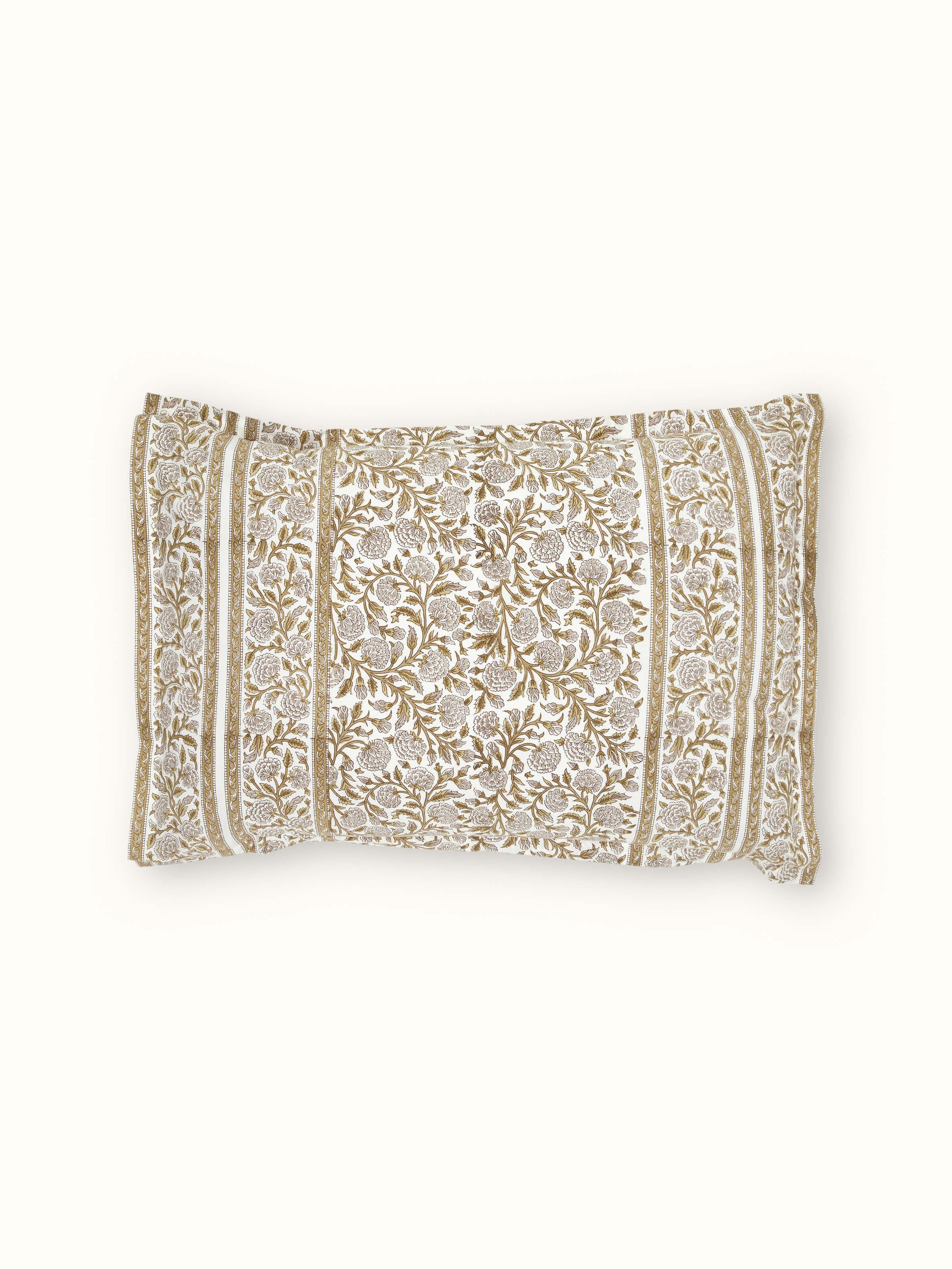 Detailed view of Saha brown jaal cotton Sanganeri block printed pillow shams (2 pcs), showing the intricate jaal pattern and block print.