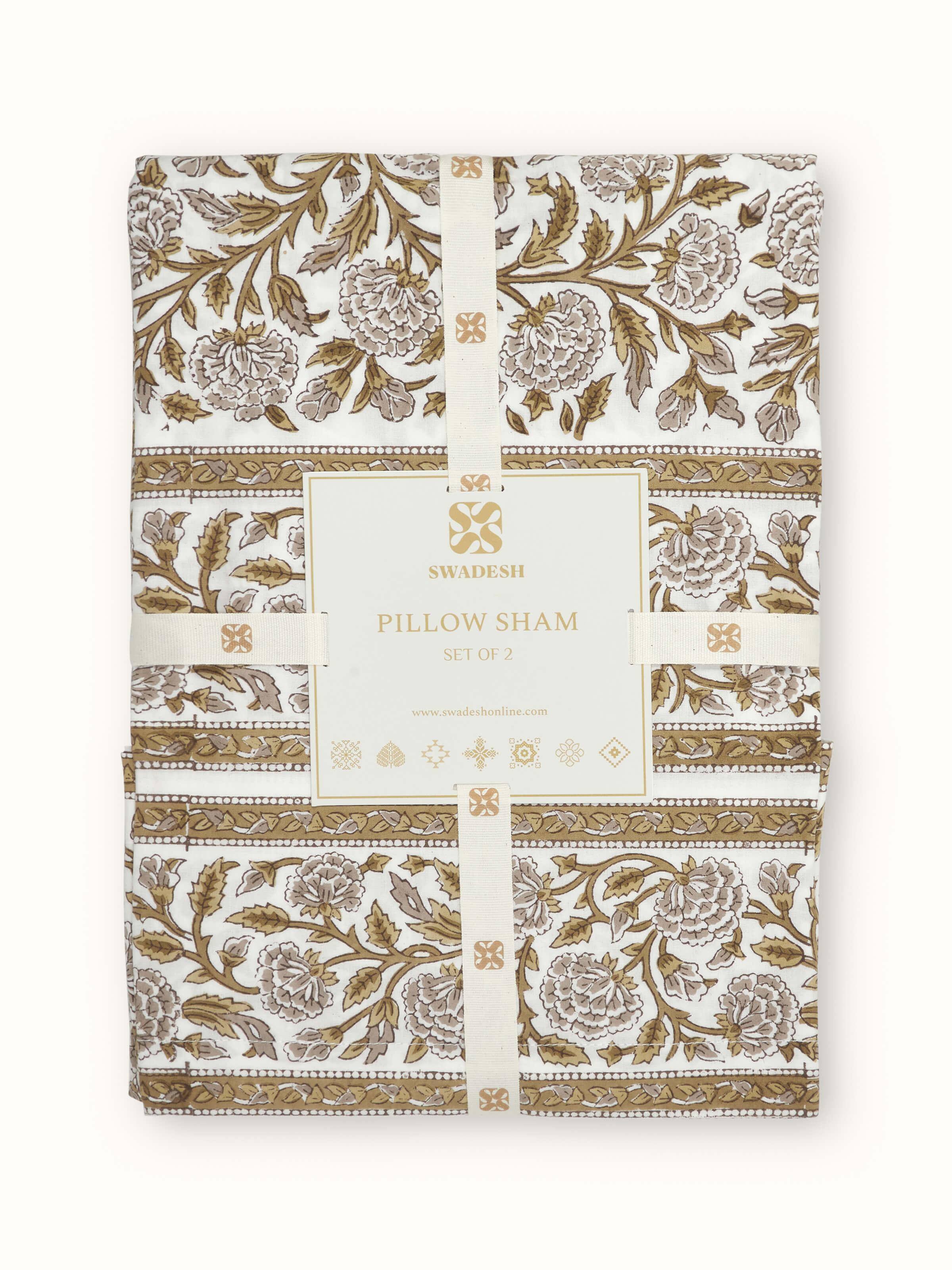 Saha brown jaal cotton Sanganeri block printed pillow shams (2 pcs) arranged on a bed, emphasizing their design and style.