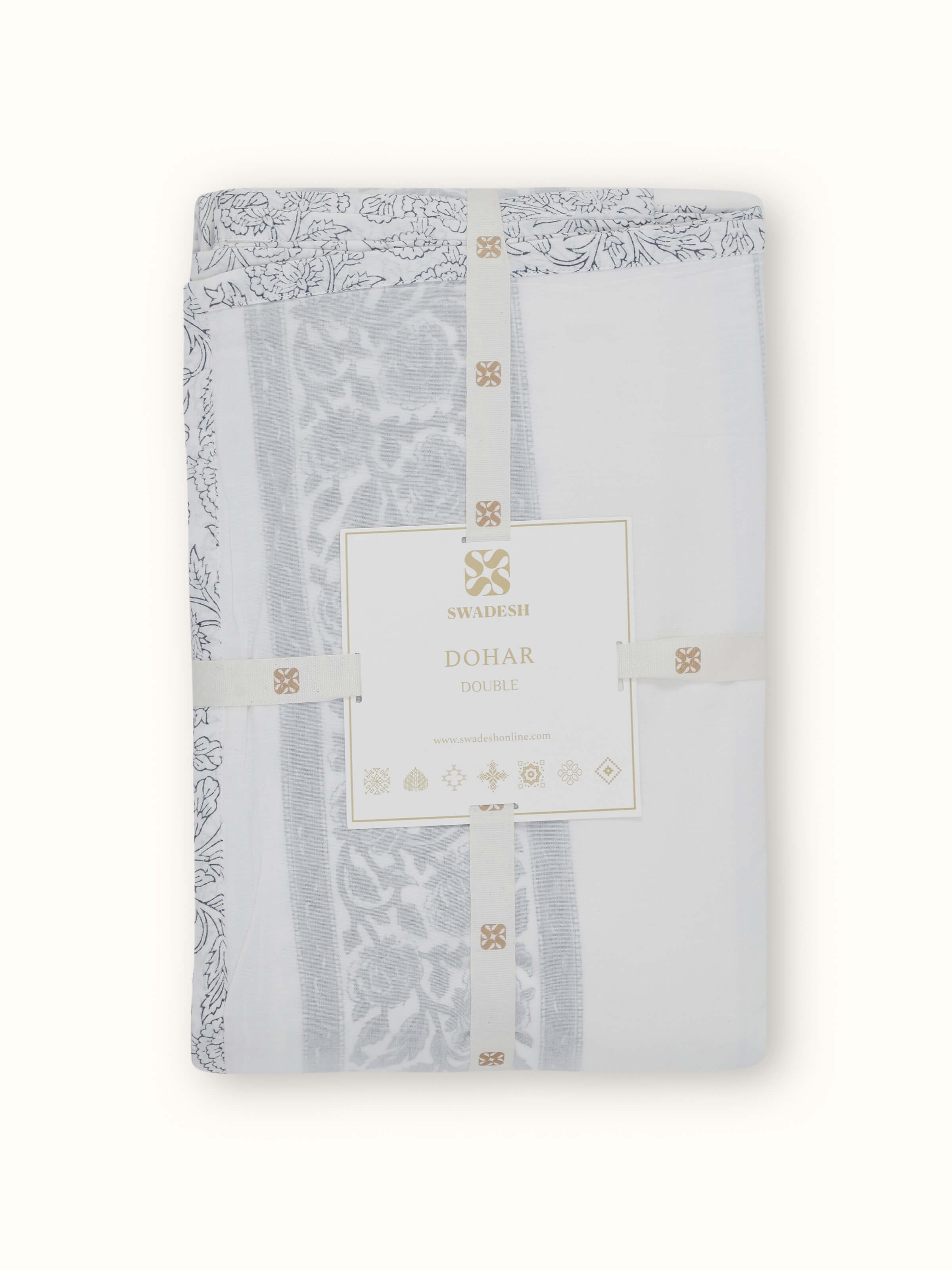 Side view of grey jaal cotton Sanganeri block printed double dohar, showing the overall design and the soft, breathable texture of the cotton fabric.