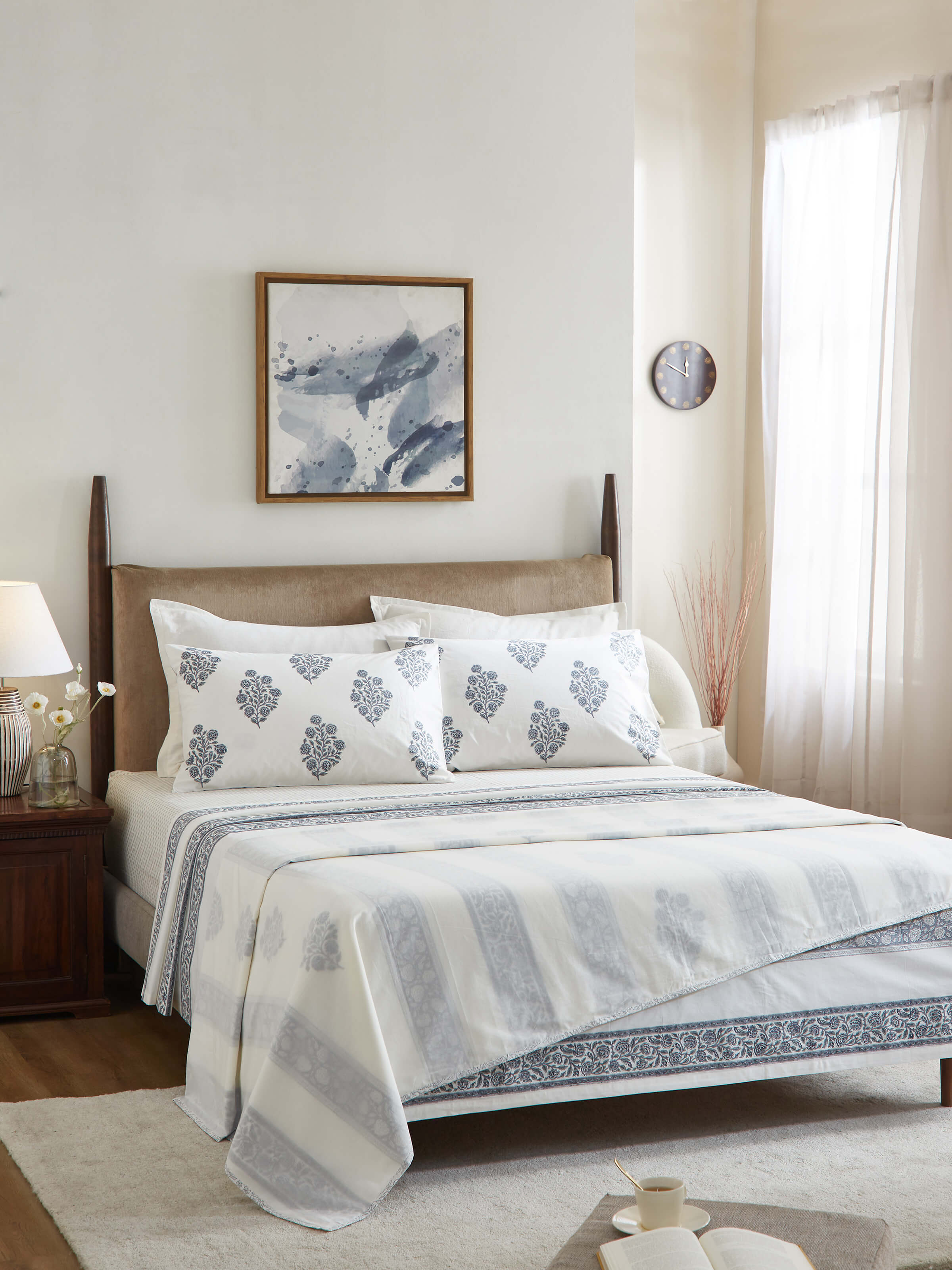 Close-up of grey jaal cotton Sanganeri block printed double dohar, highlighting the detailed block print pattern and the fine quality of the cotton fabric.