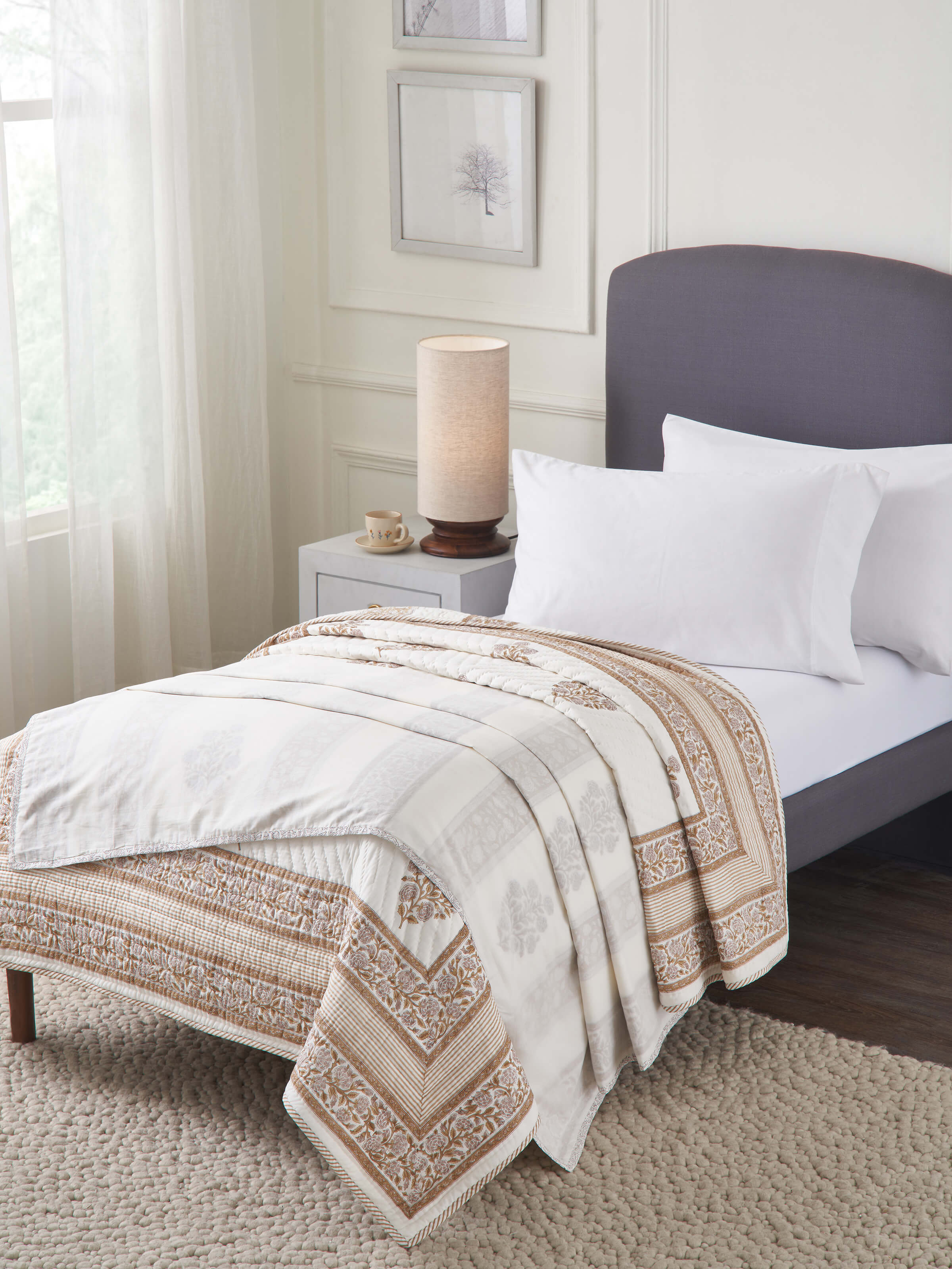 Close-up of Saha brown buta stripe cotton Sanganeri block printed single dohar, highlighting the block print and stripe details.