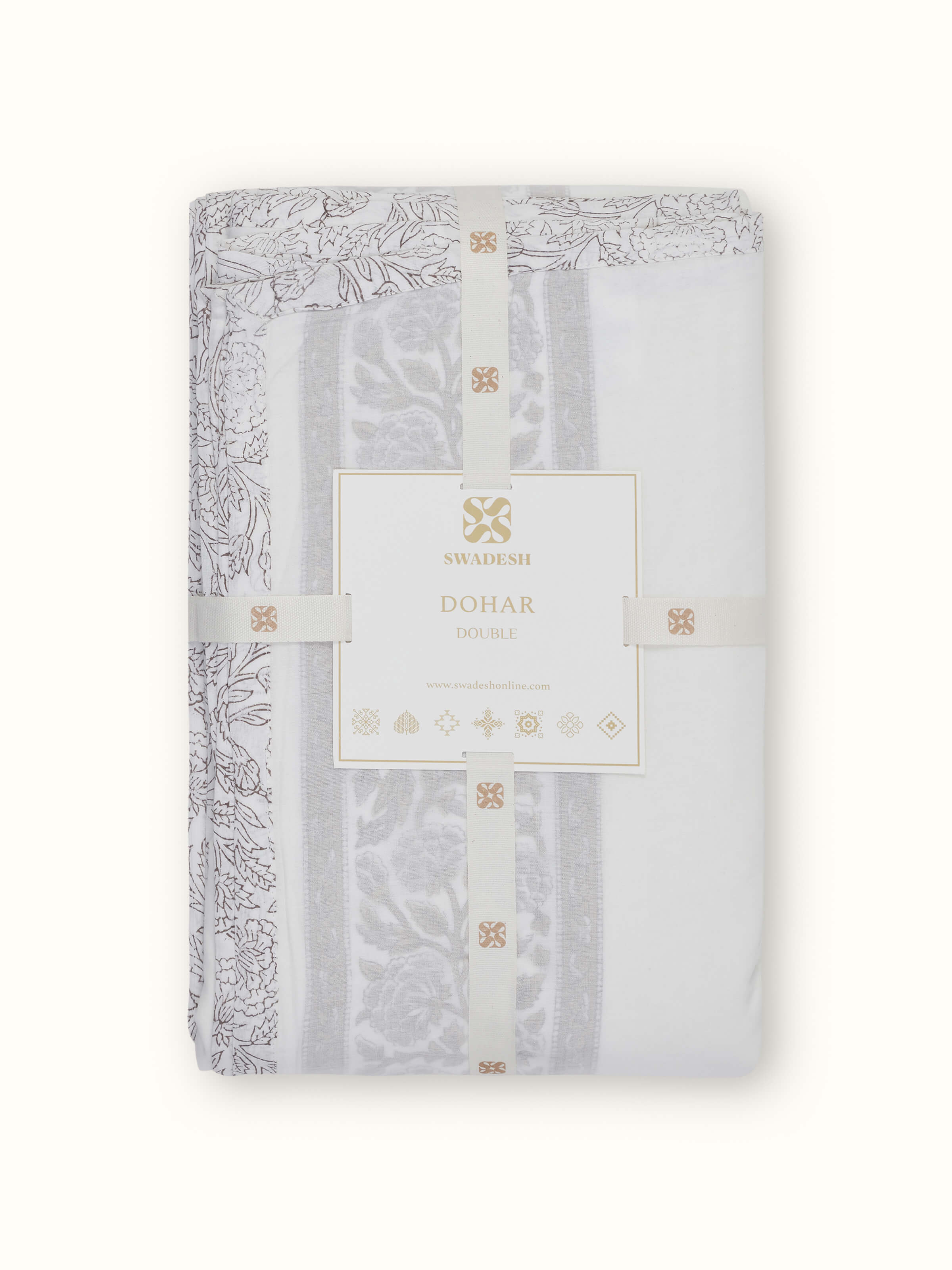 Angled view of the Saha Brown Buta Stripe Cotton Sanganeri Block Printed Double Dohar, emphasizing its texture and block print.