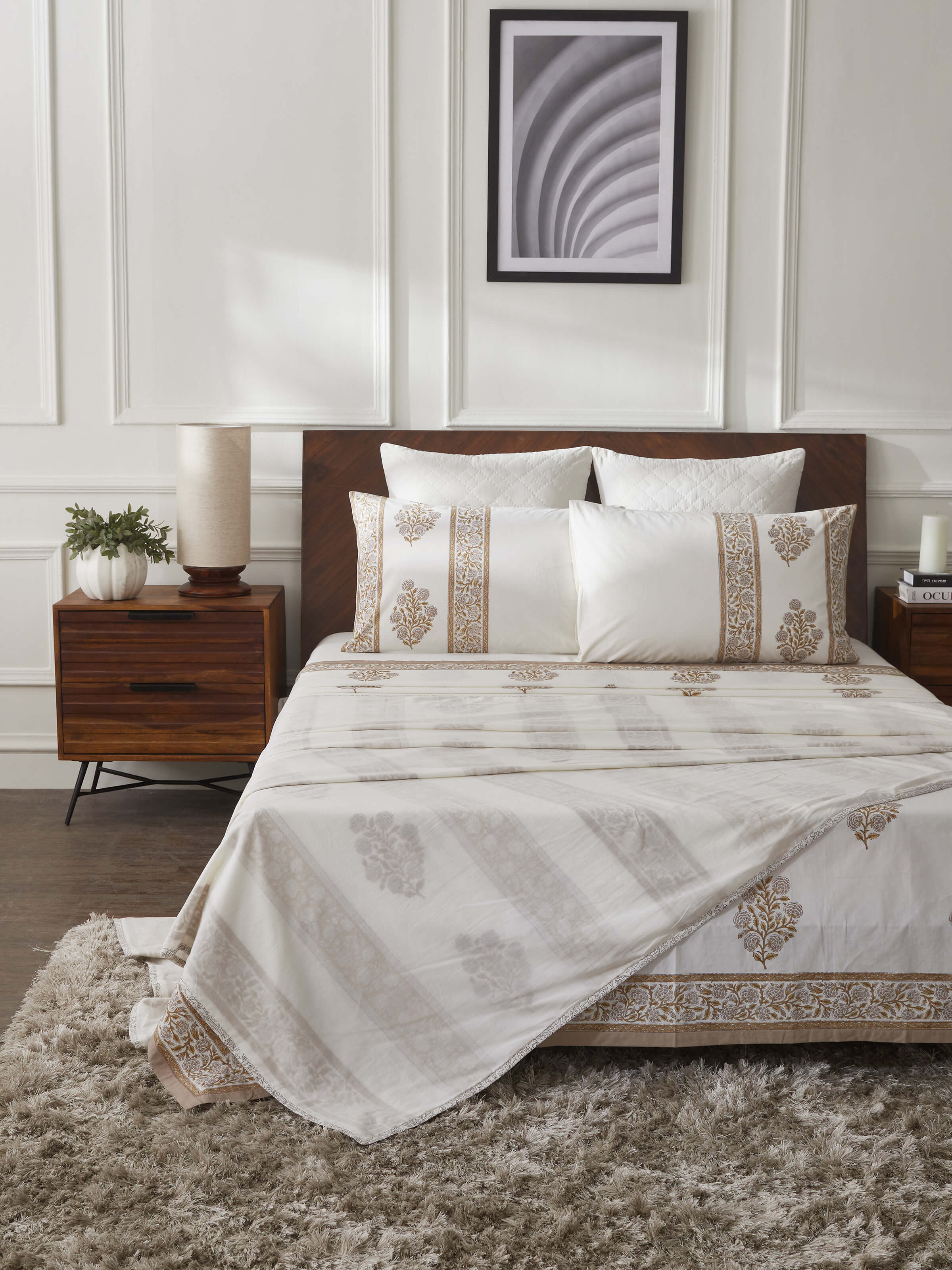 Close-up of the Saha Brown Buta Stripe Cotton Sanganeri Block Printed Double Dohar, highlighting the fine block print details.