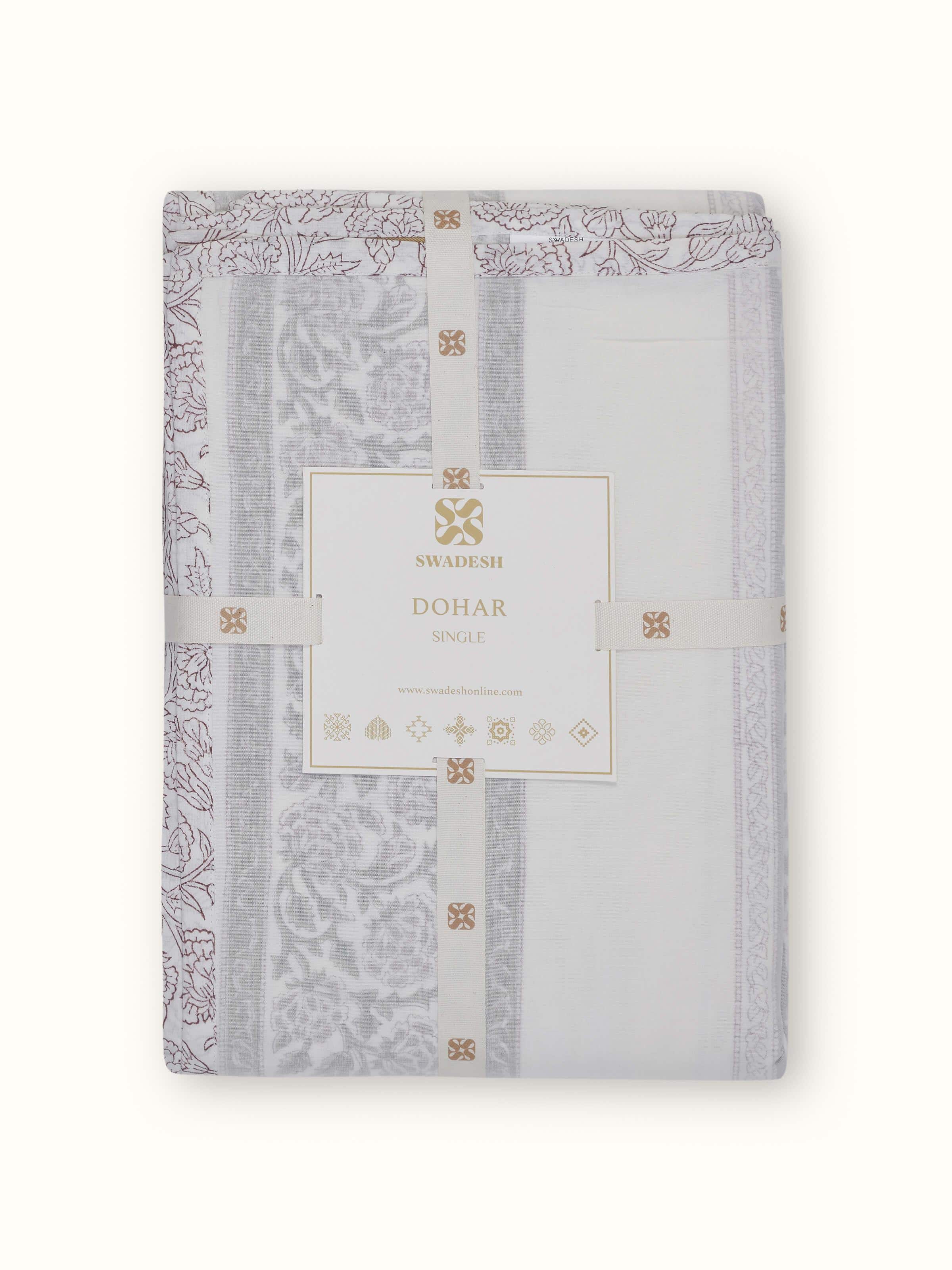 Full view of the Saha lavender buta stripe cotton Sanganeri block printed single dohar, showcasing its elegant lavender color and traditional design.