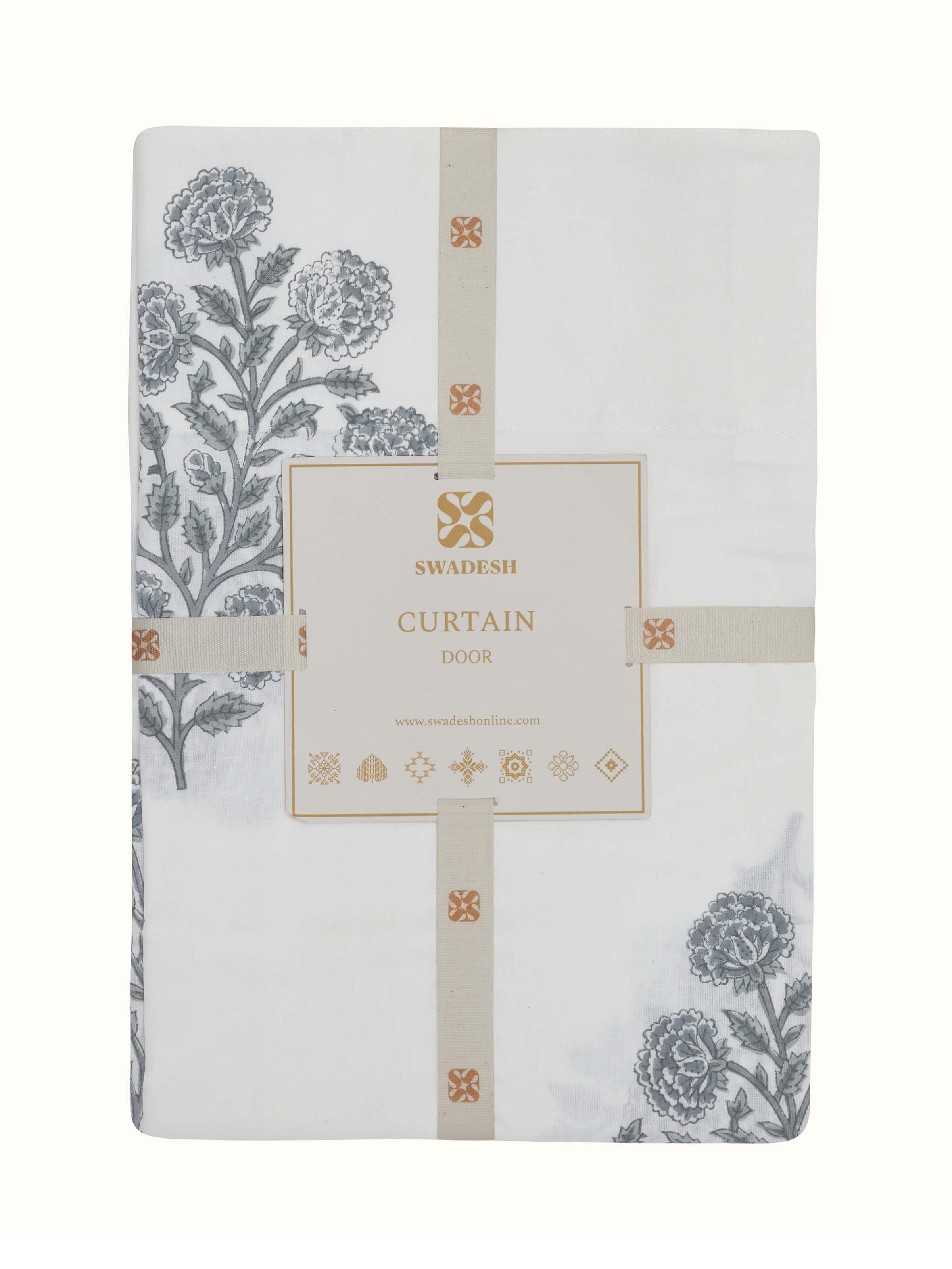 Saha Grey Floral Buta Cotton Sanganeri Hand Block Printed Curtain (7 Ft)