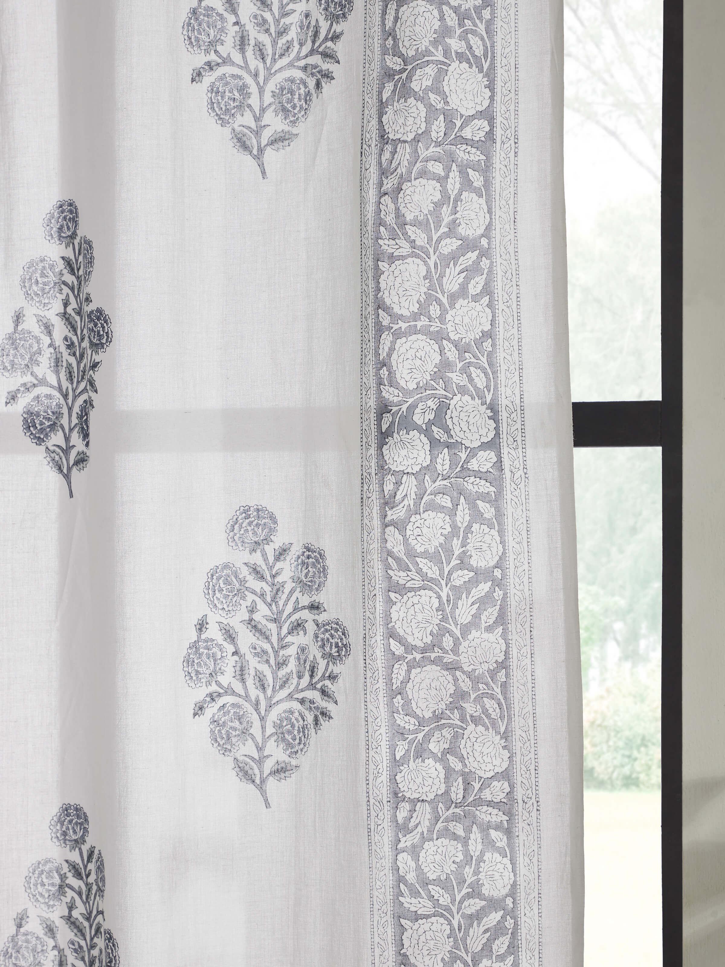 Saha Grey Floral Buta Cotton Sanganeri Hand Block Printed Curtain (7 Ft)