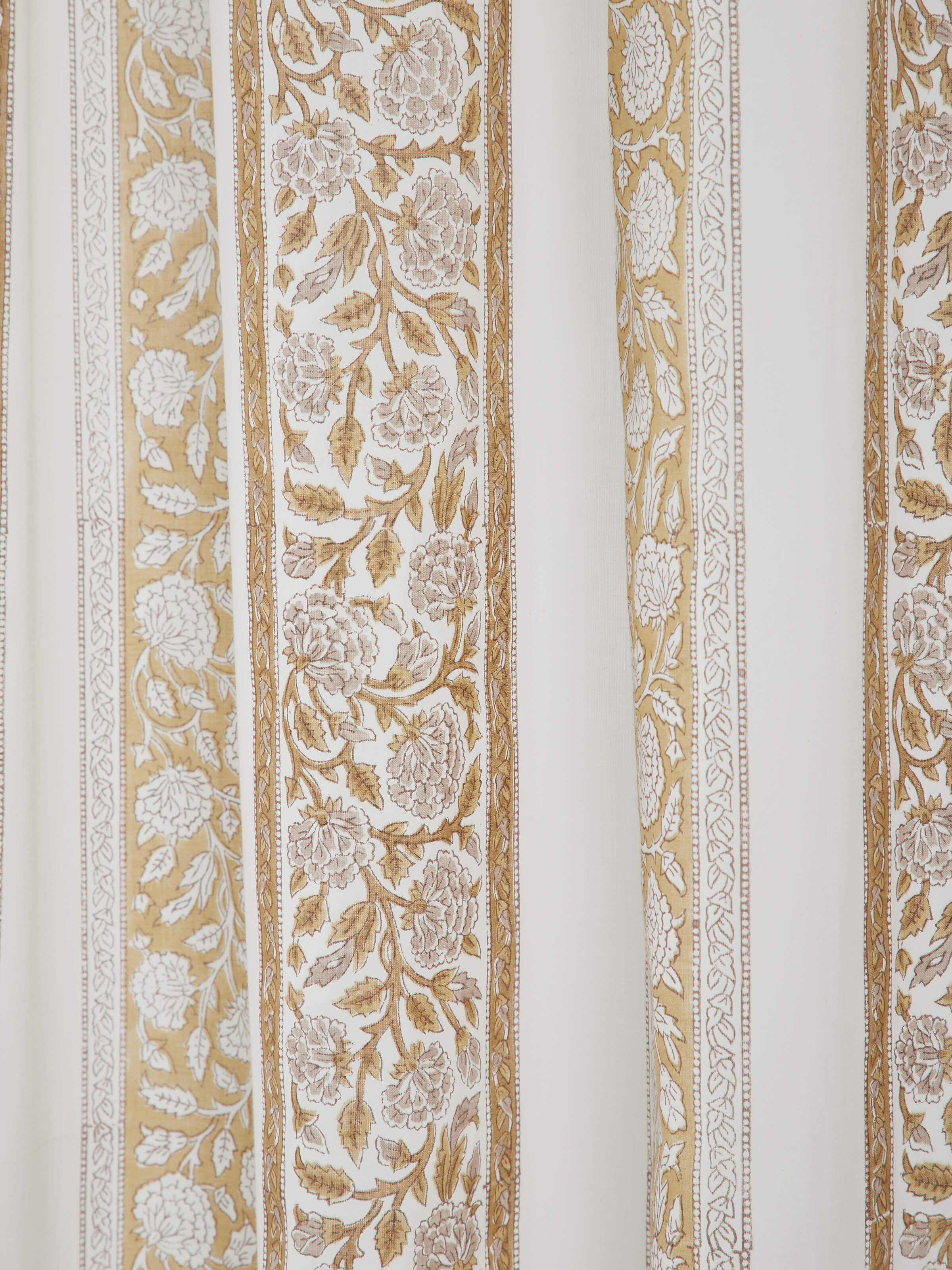 Detailed view of Saha brown floral stripe cotton Sanganeri block printed sheer curtain (9 ft) showing the intricate block print and fabric texture.