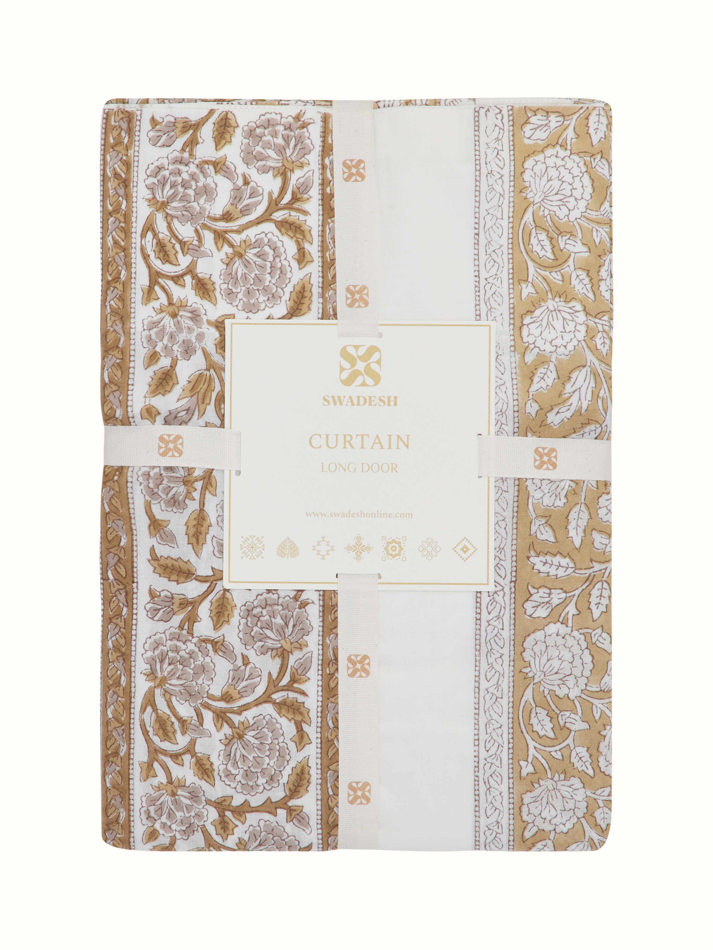 Full-length view of Saha brown floral stripe cotton Sanganeri block printed sheer curtain (9 ft) demonstrating its drape and floral stripe design.