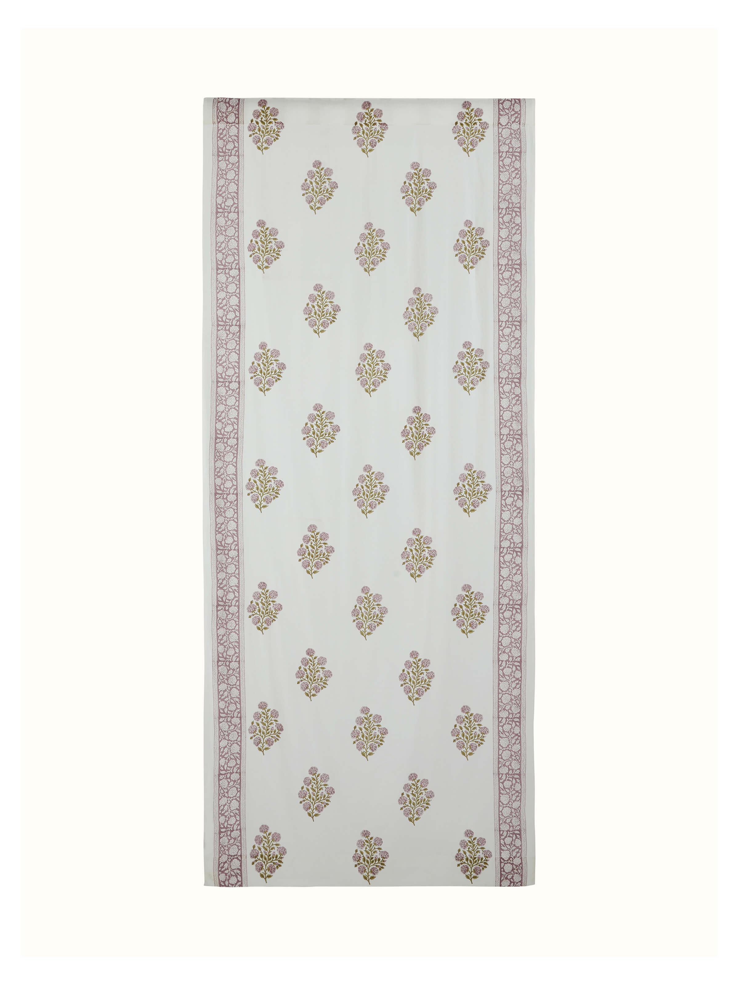 Full view of Sanjhi light purple floral cotton Sanganeri block printed sheer curtain (9 ft) showing the floral design and light purple color
