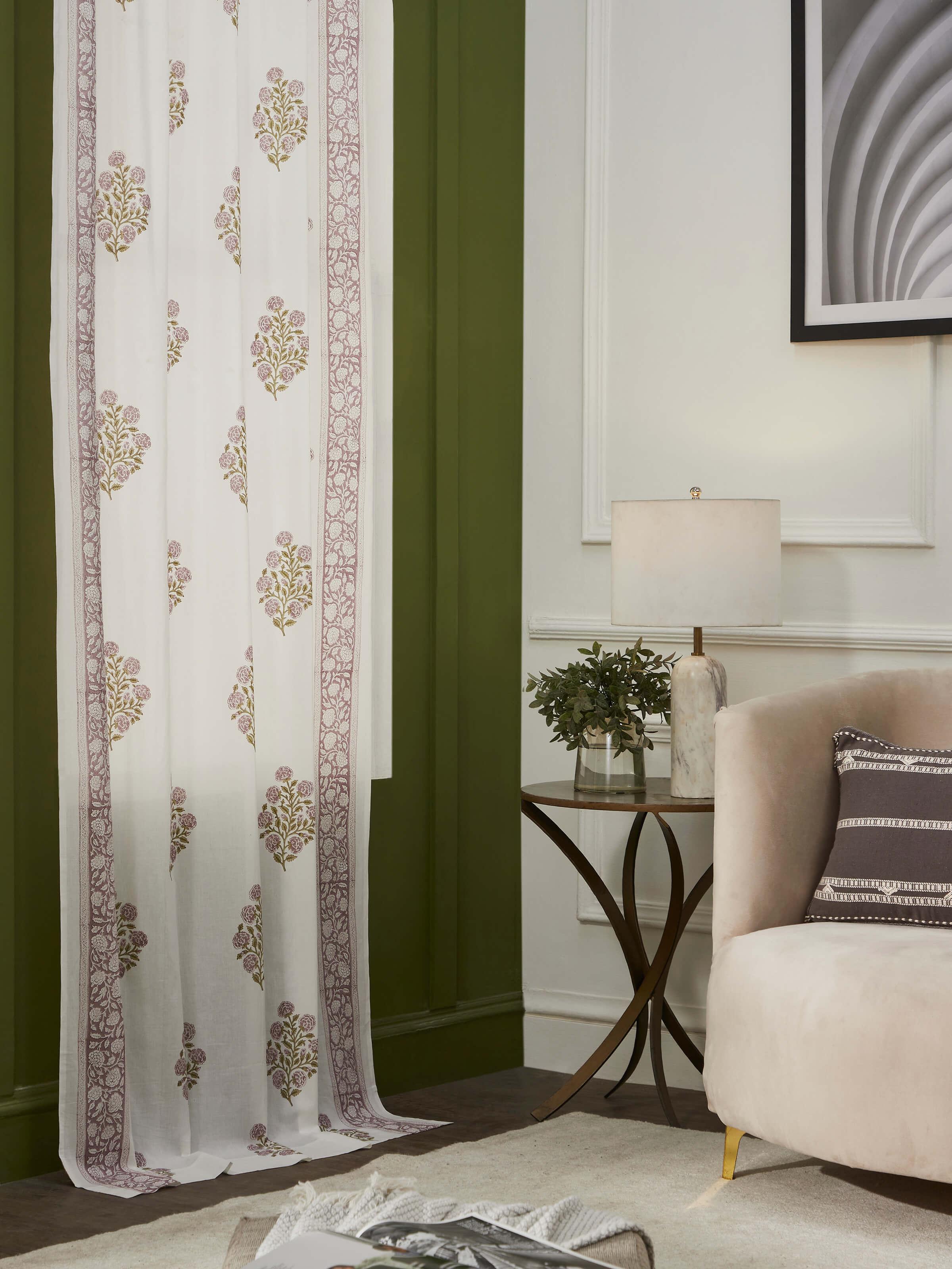 Close-up of Sanjhi light purple floral cotton Sanganeri block printed sheer curtain (9 ft) highlighting the block print details and sheer fabric