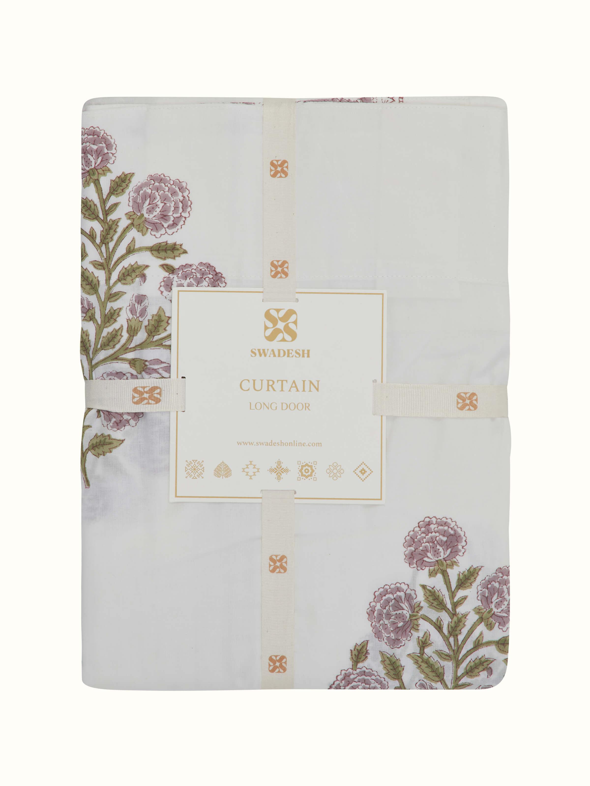 Detailed view of Sanjhi light purple floral cotton Sanganeri block printed sheer curtain (9 ft) emphasizing the floral pattern and sheer texture