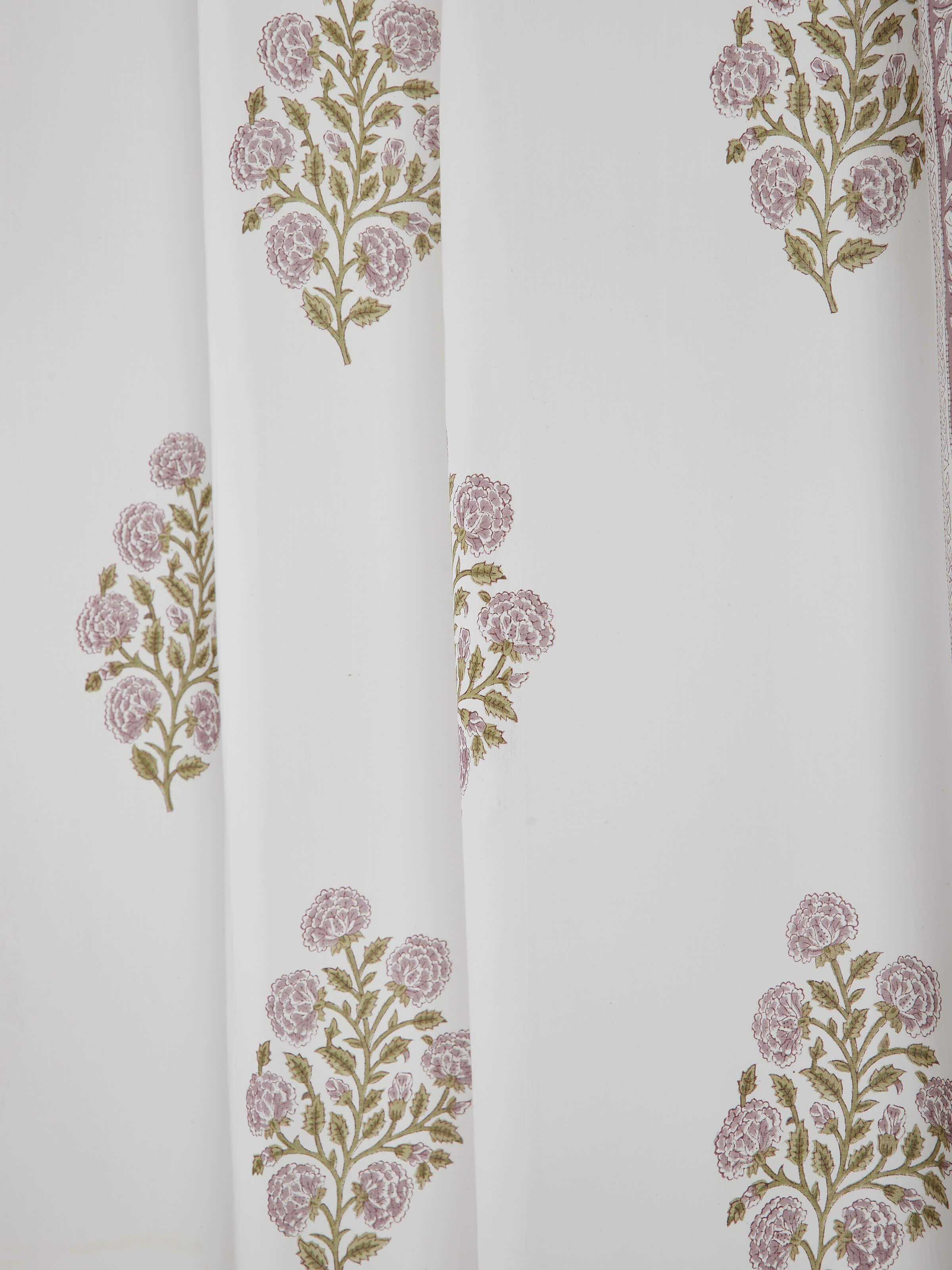 Full view of Sanjhi light purple floral cotton Sanganeri block printed sheer curtain (9 ft) hanging, showcasing its design and flow