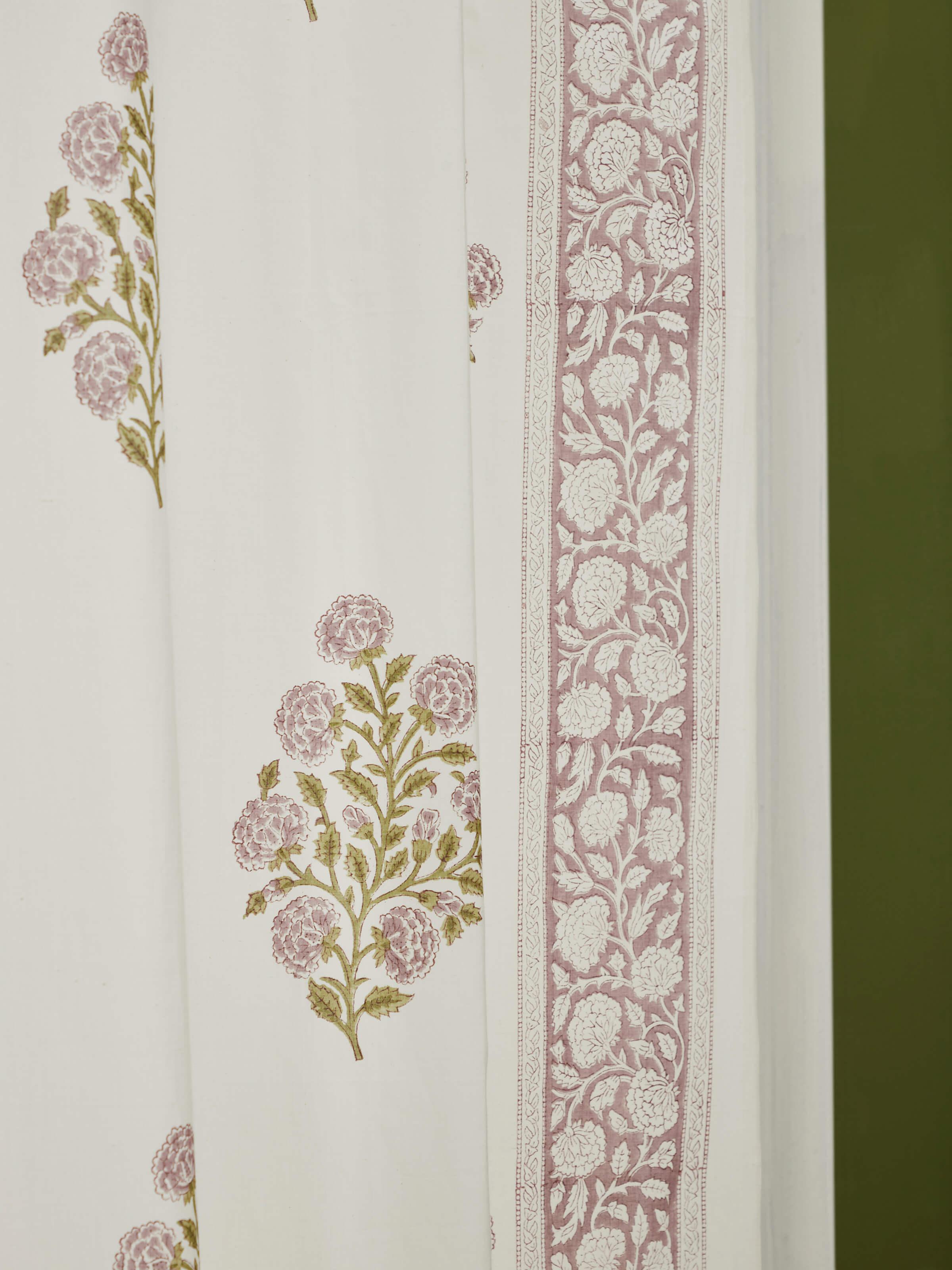 Close-up of Sanjhi light purple floral cotton Sanganeri block printed sheer curtain (9 ft) focusing on the intricate block print and light purple color