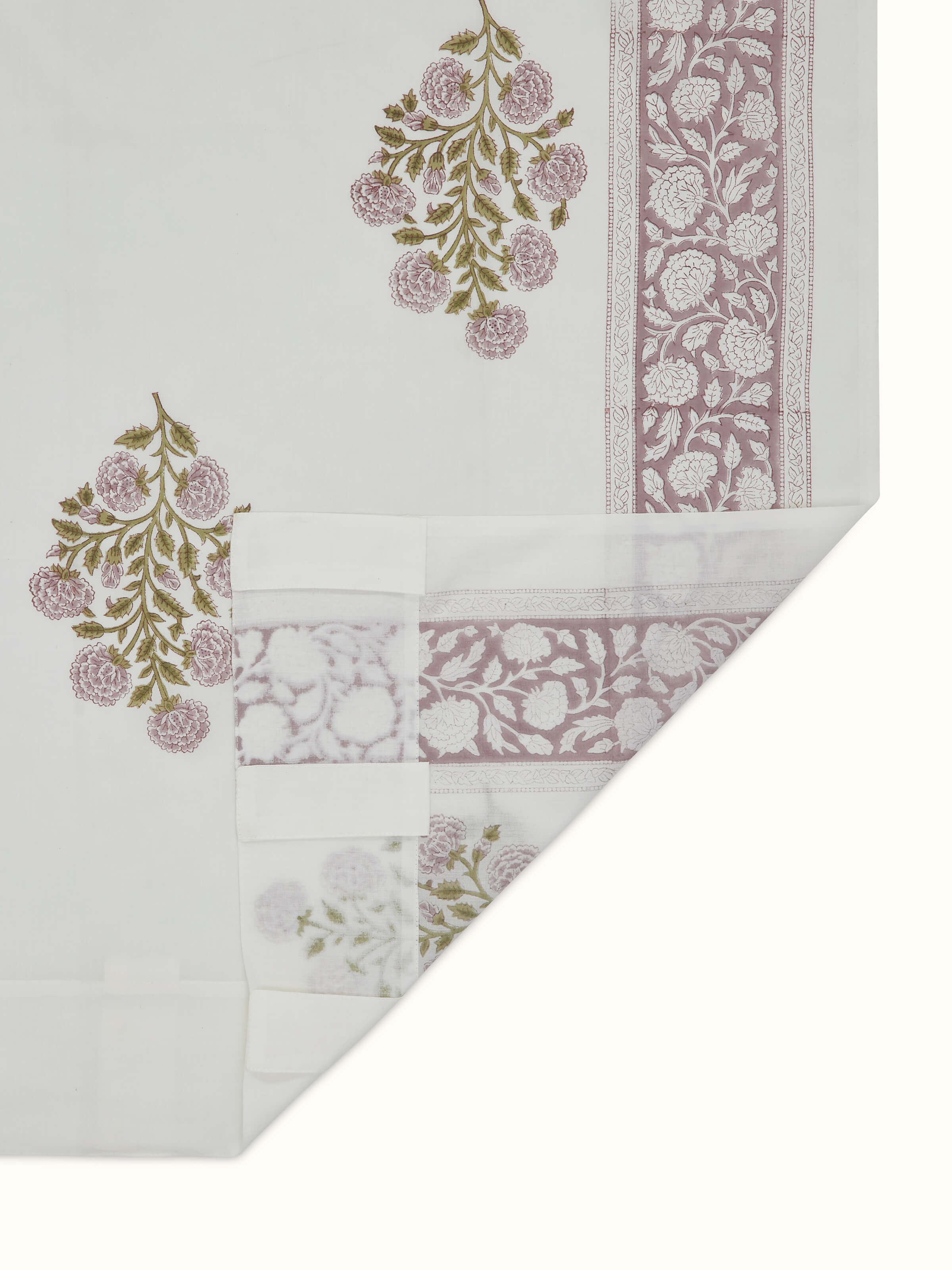 Detailed view of Sanjhi light purple floral cotton Sanganeri block printed sheer curtain (9 ft) showing the block print and sheer fabric texture