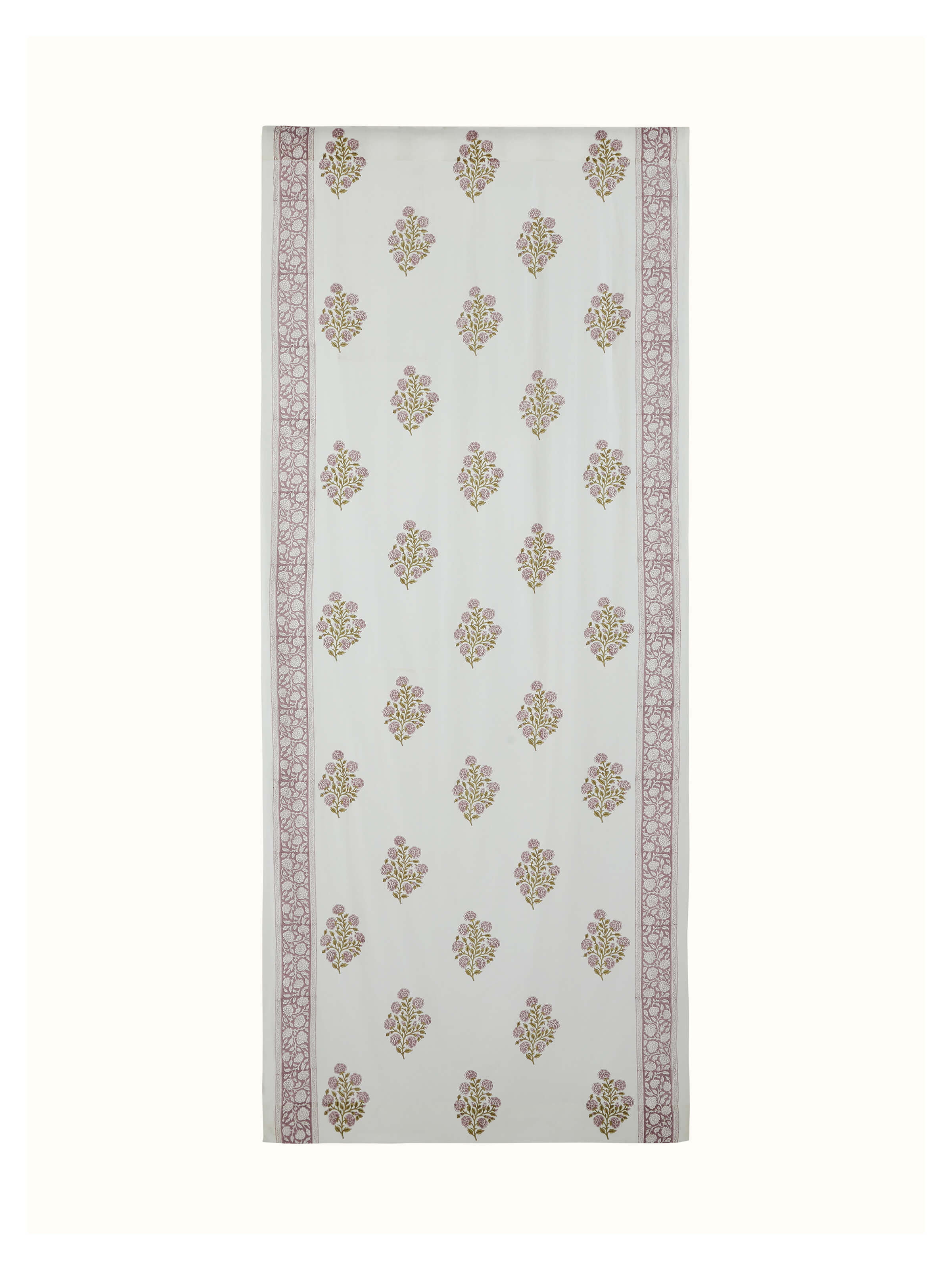 Light purple floral Sanganeri block printed sheer curtain, showcasing its delicate pattern and soft fabric.