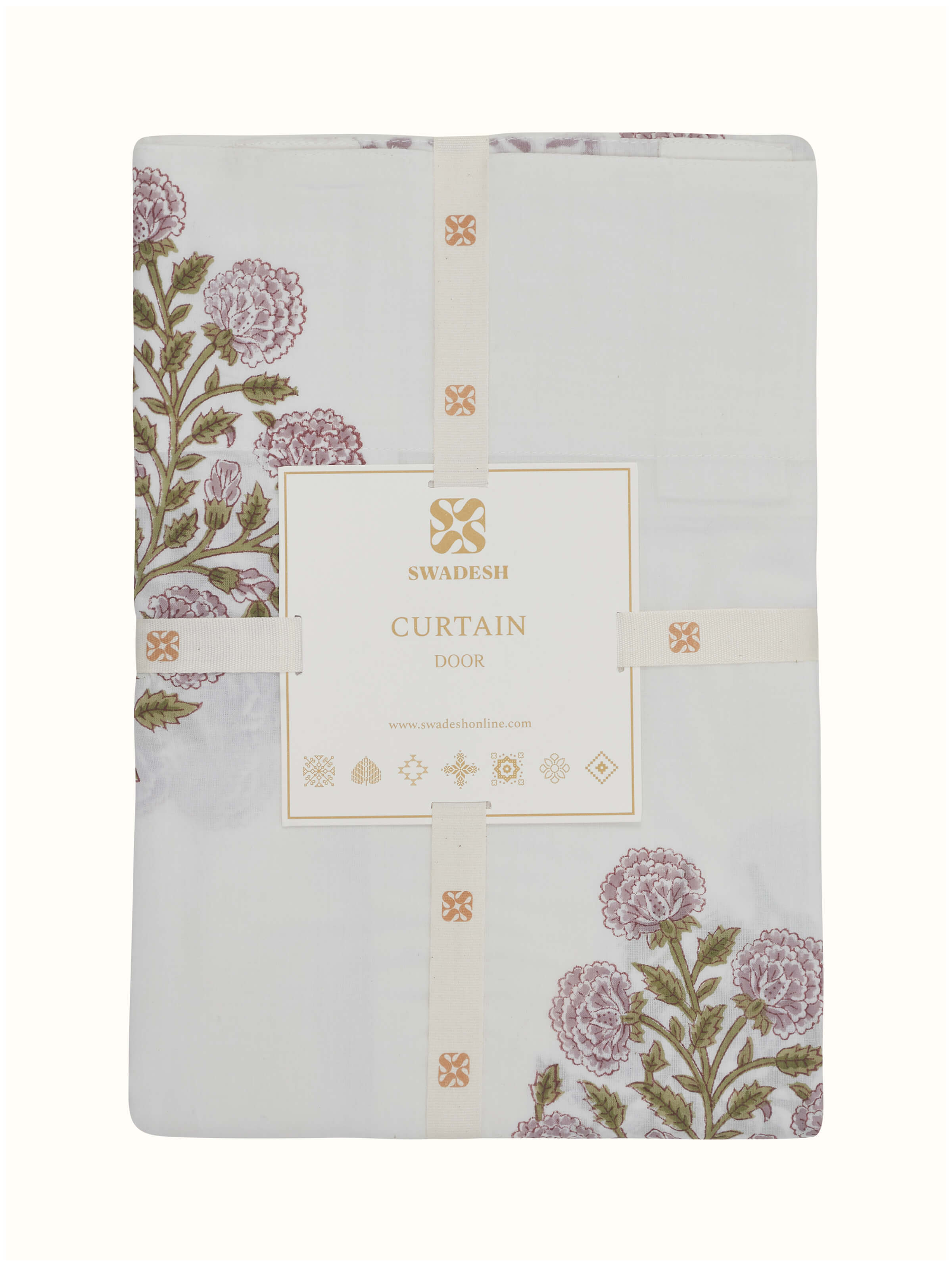Detailed image of light purple floral Sanganeri block printed sheer curtain, emphasizing its intricate block print.