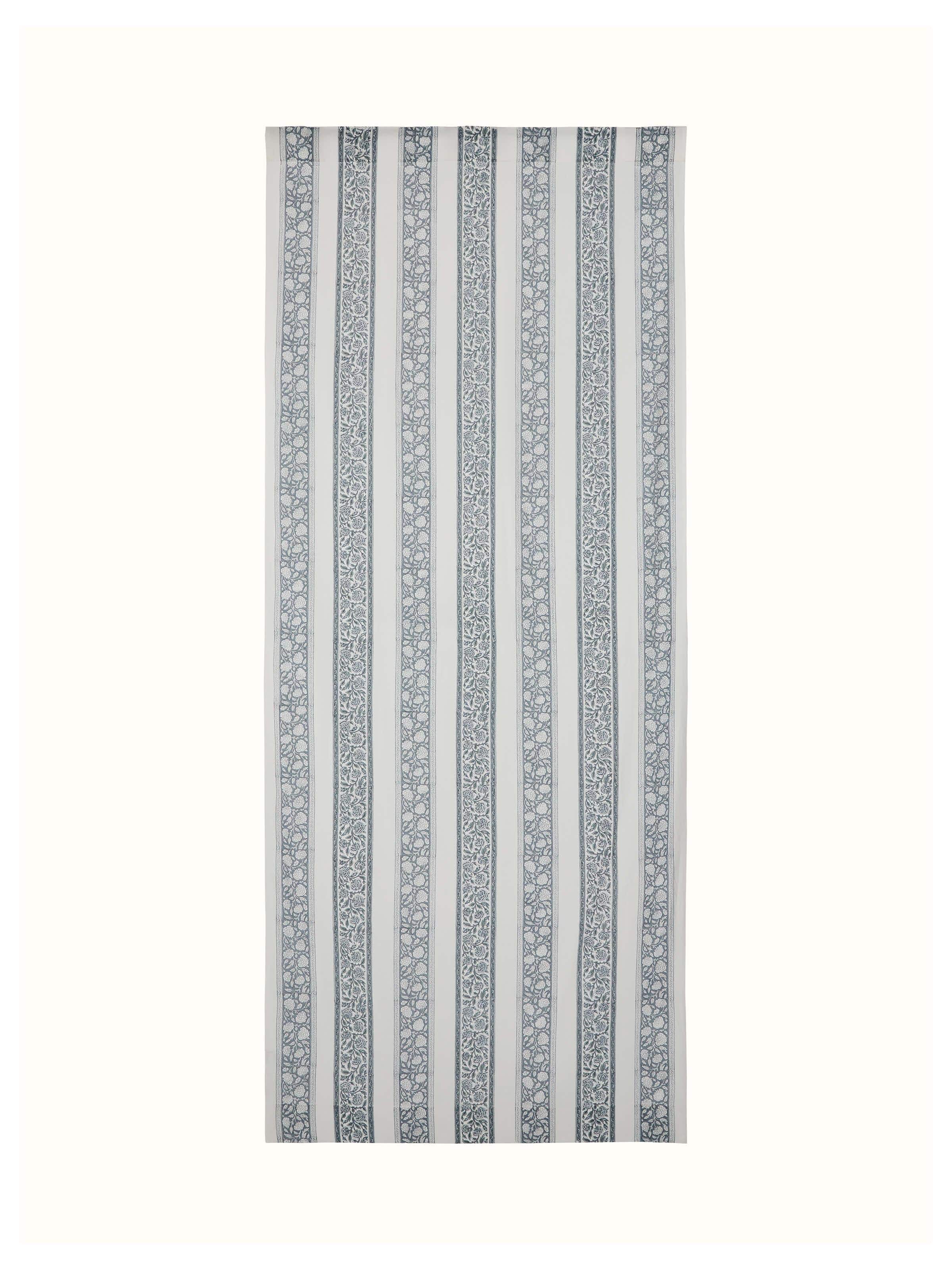 Saha grey floral stripe cotton Sanganeri block printed sheer curtain (9 ft) showcasing a delicate grey floral stripe pattern.