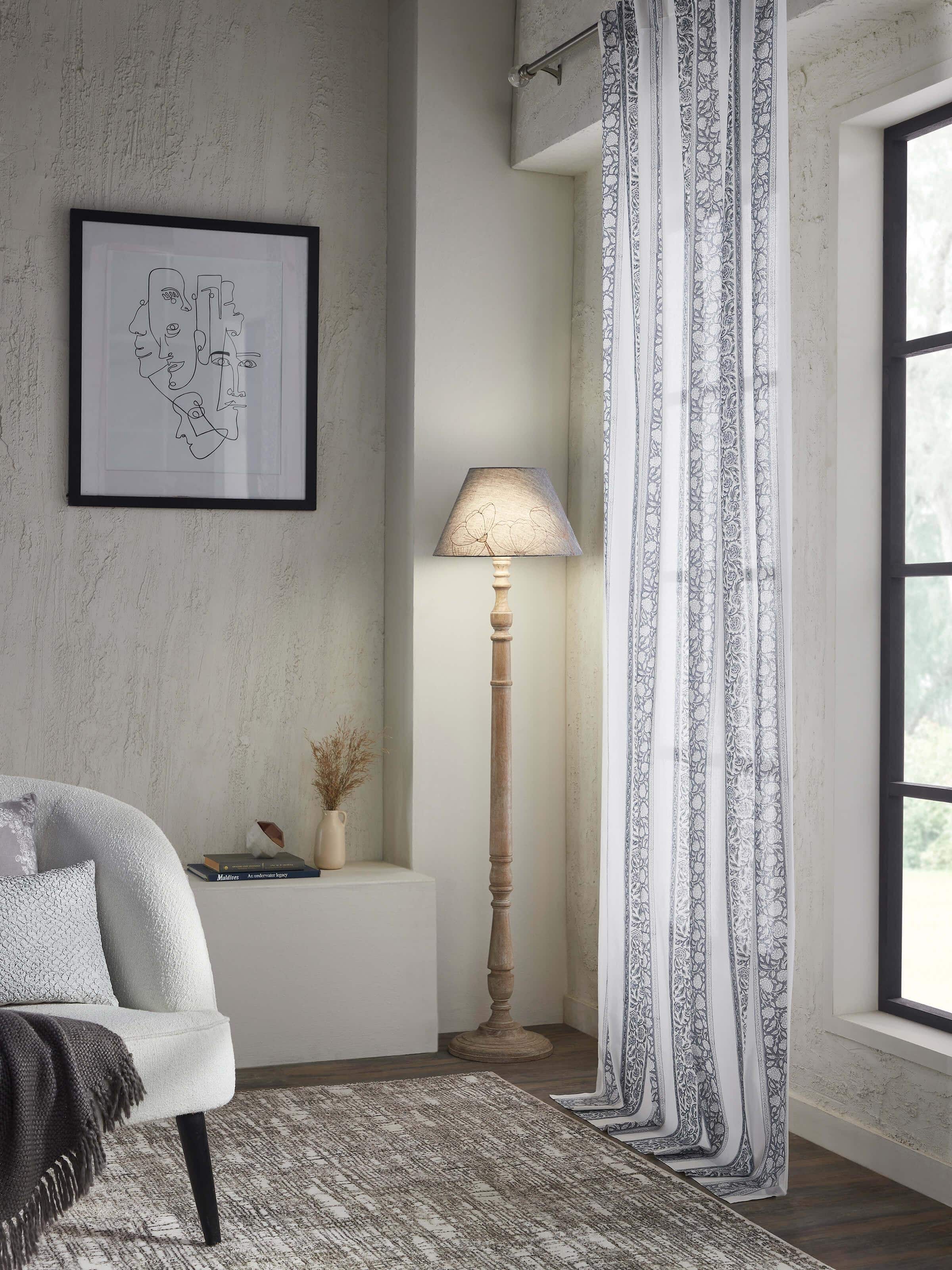 Close-up of Saha grey floral stripe cotton Sanganeri block printed sheer curtain (9 ft) highlighting the intricate floral stripe pattern.