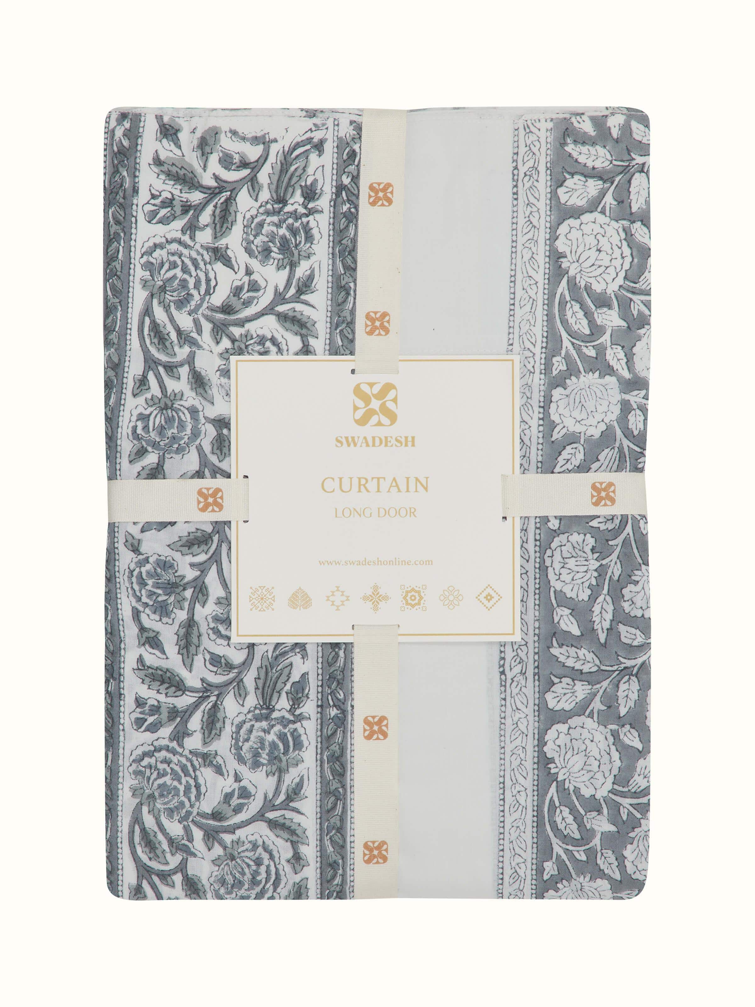 Full view of Saha grey floral stripe cotton Sanganeri block printed sheer curtain (9 ft) displaying the overall floral stripe design.