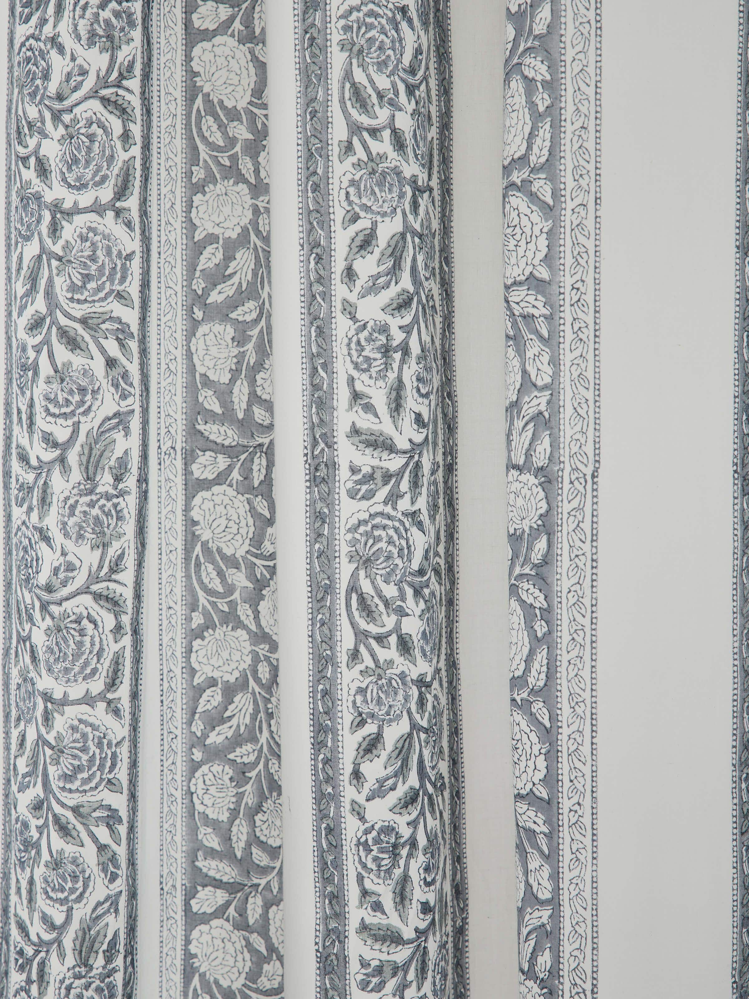 Saha grey floral stripe cotton Sanganeri block printed sheer curtain (9 ft) hanging to show the drape and floral stripe pattern.
