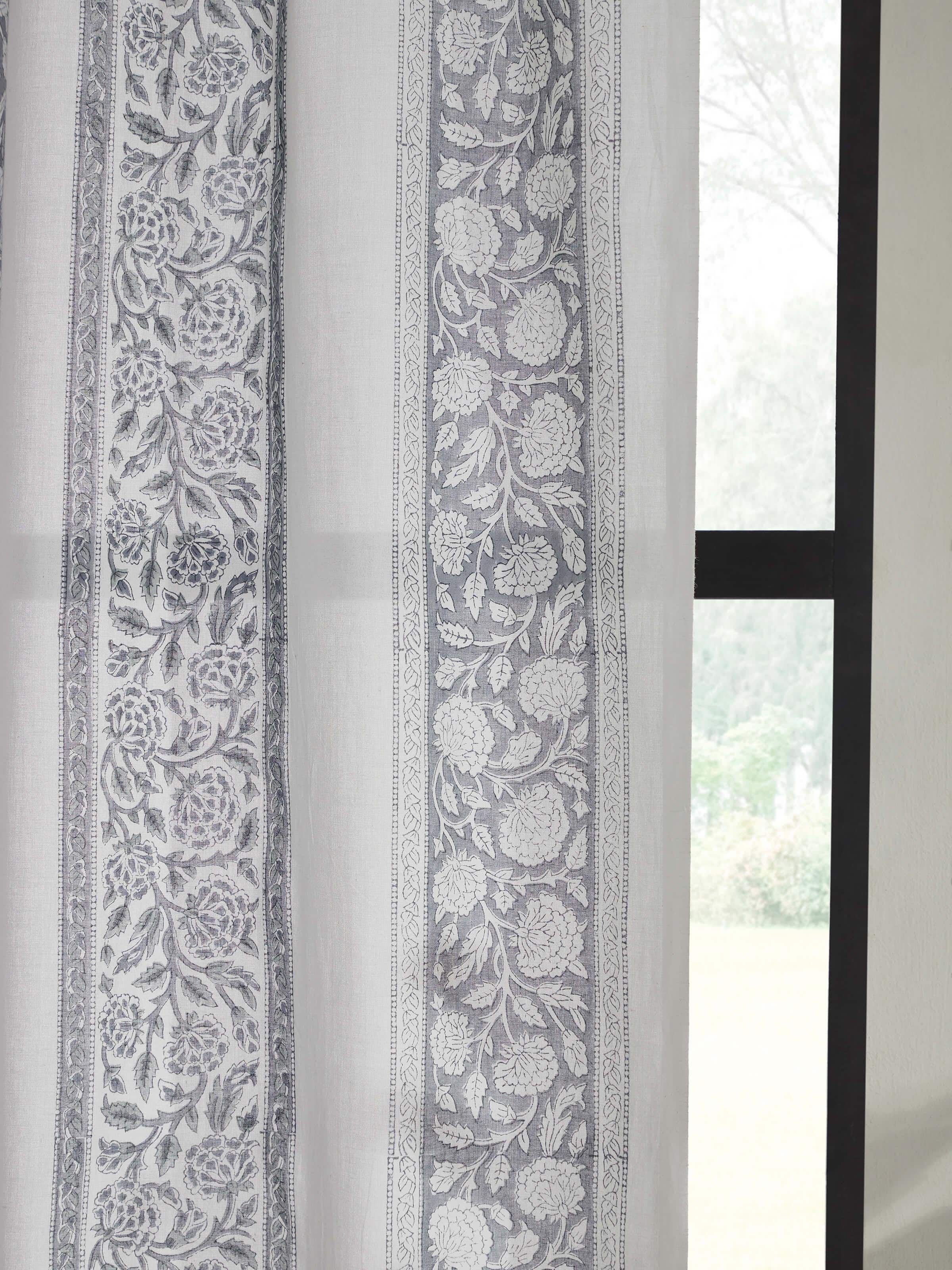 Detailed view of Saha grey floral stripe cotton Sanganeri block printed sheer curtain (9 ft) focusing on the fine block printed floral stripes.